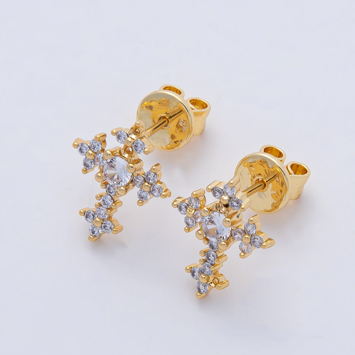 18K Gold Filled Clear CZ Flower Religious Passion Cross Stud Earrings | AD1664