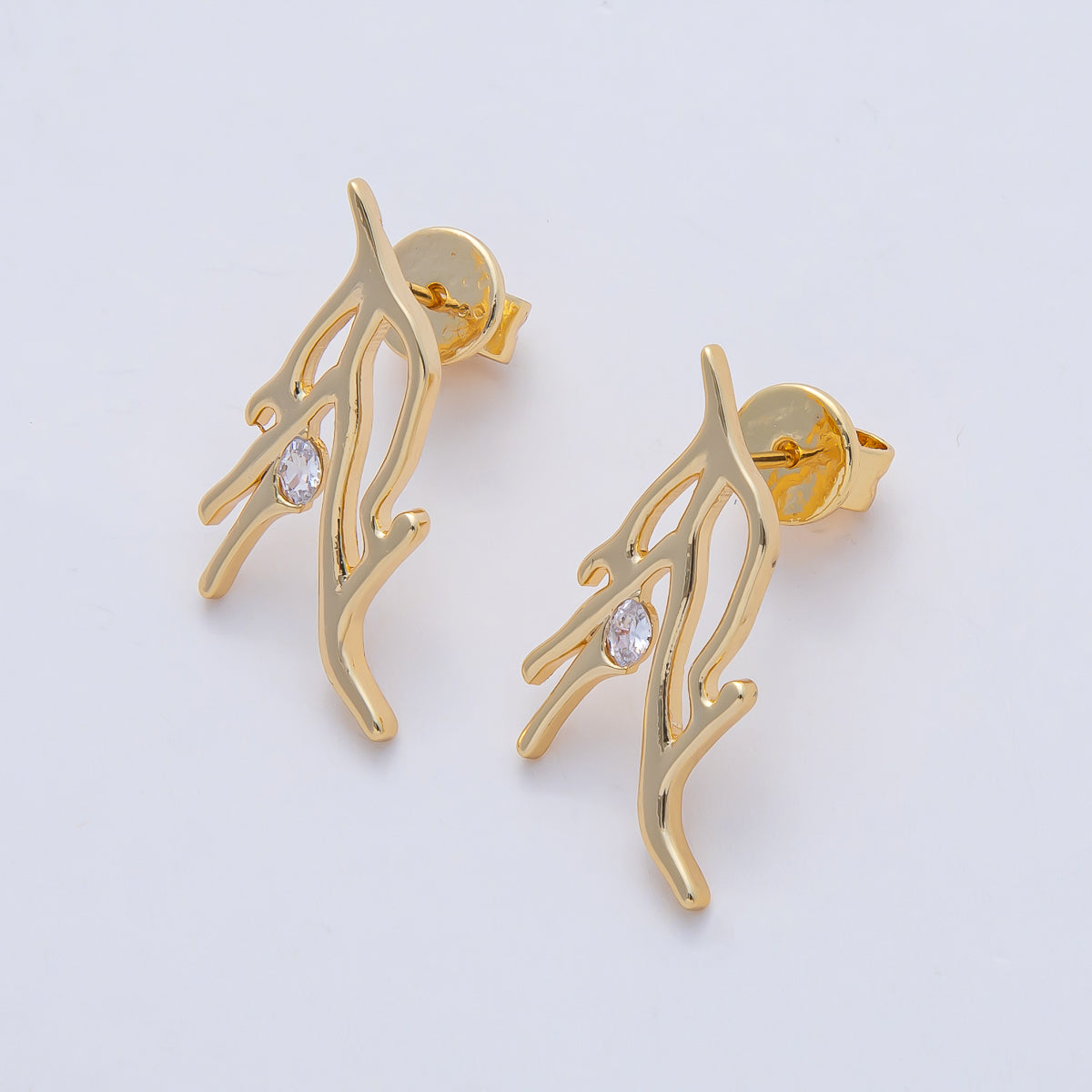 18K Gold Filled 24mm Clear CZ Geometric Lined Leaf Stud Earrings | AD1665