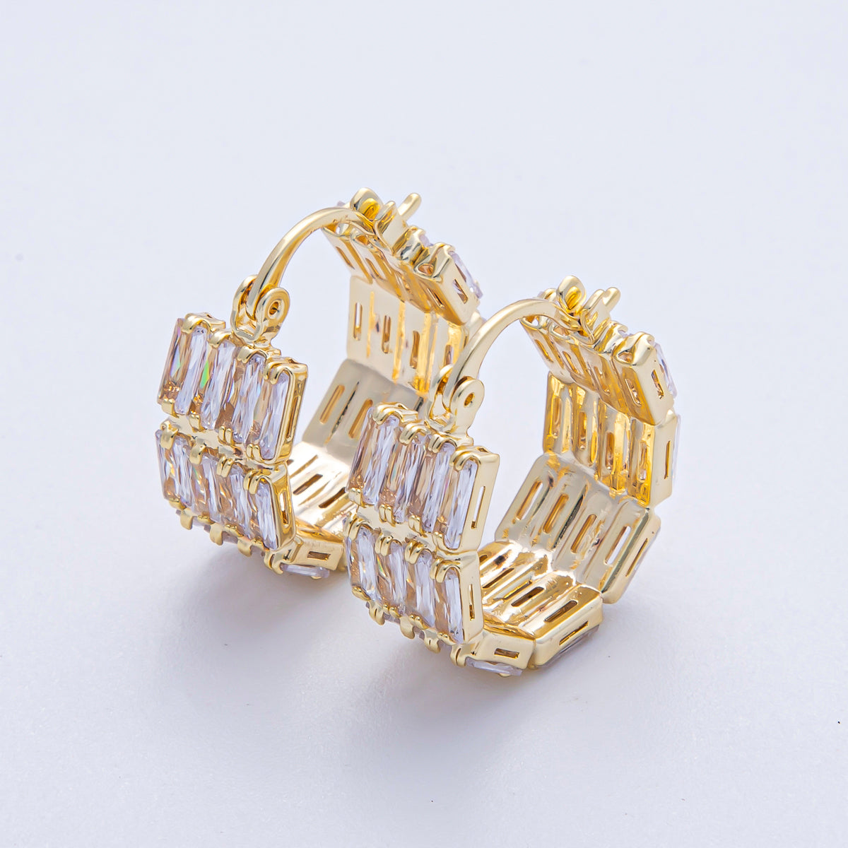 18K Gold Filled 23mm Clear Baguette CZ Edged Latch Hoop Earrings | AD1673