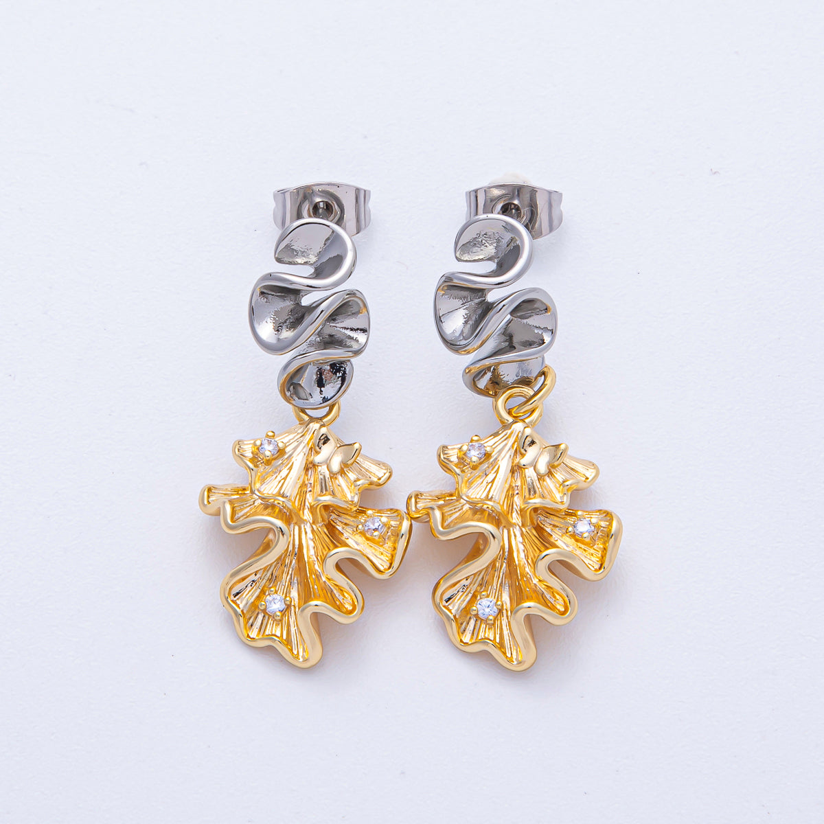 18K Gold Filled CZ Geometric Foil Mixed Metal Drop Stud Earrings | AD1674 AD1675