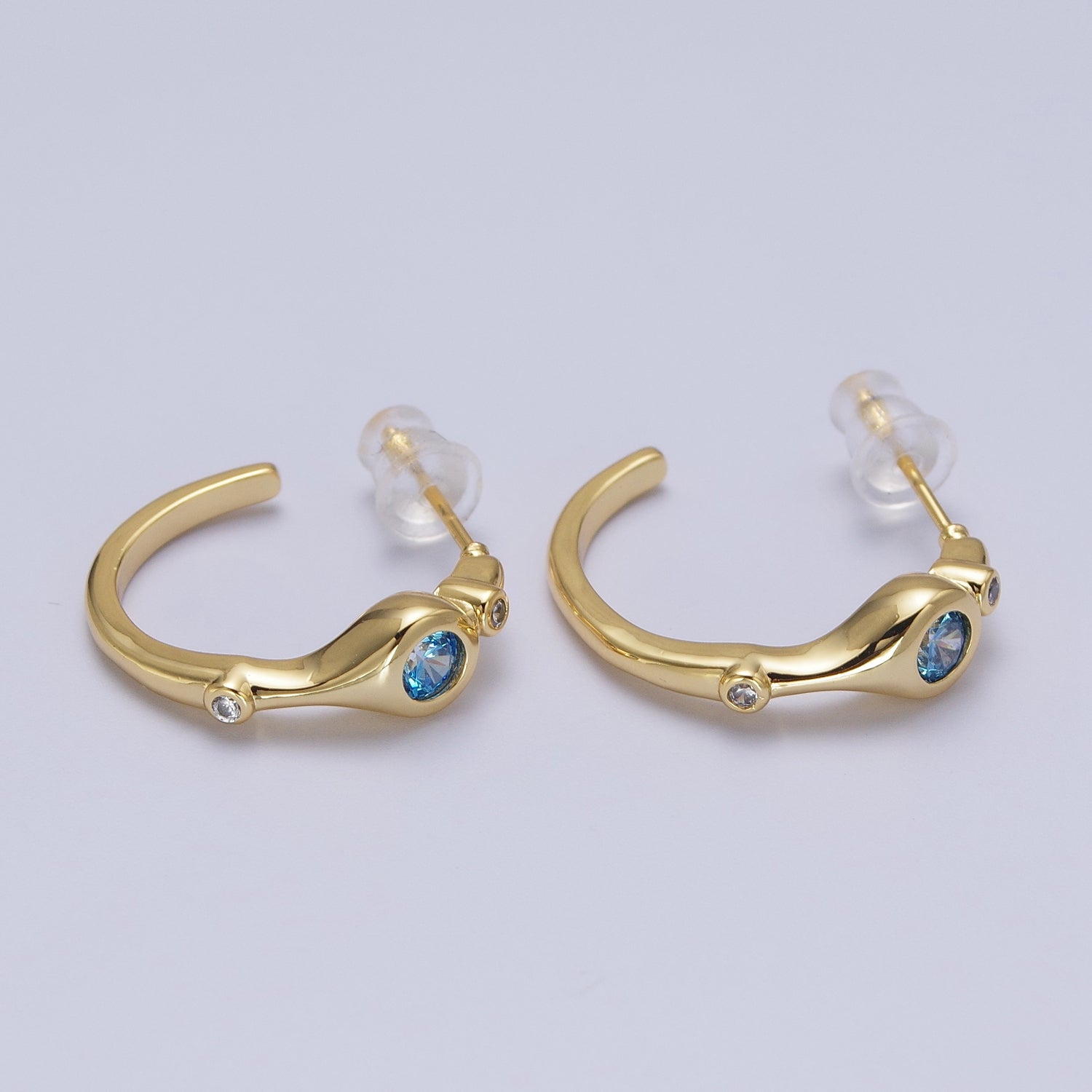 Gold Geometric Blue CZ Round Mini 20mm C-Shaped Hoops Earrings | AD199