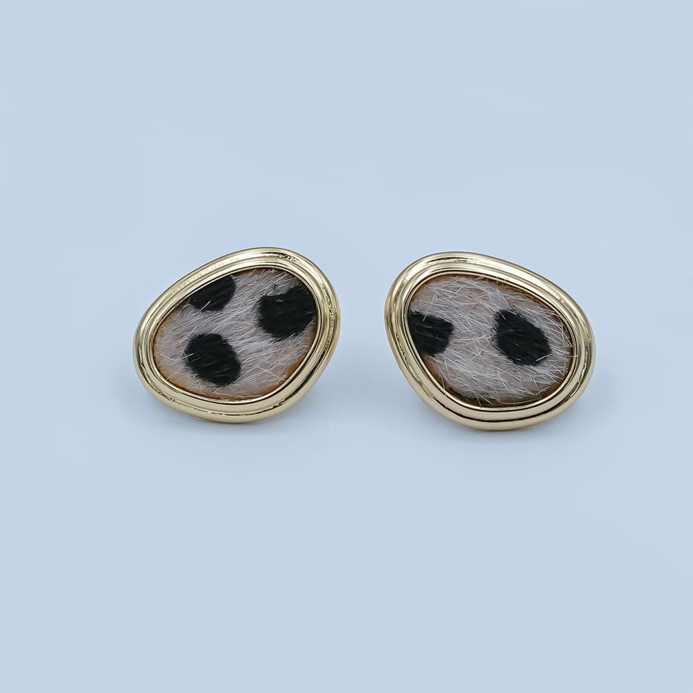 Snow Leopard Print Faux Fur Geometric Bezel Stud Earrings in Gold & Silver | AD1556 AE071