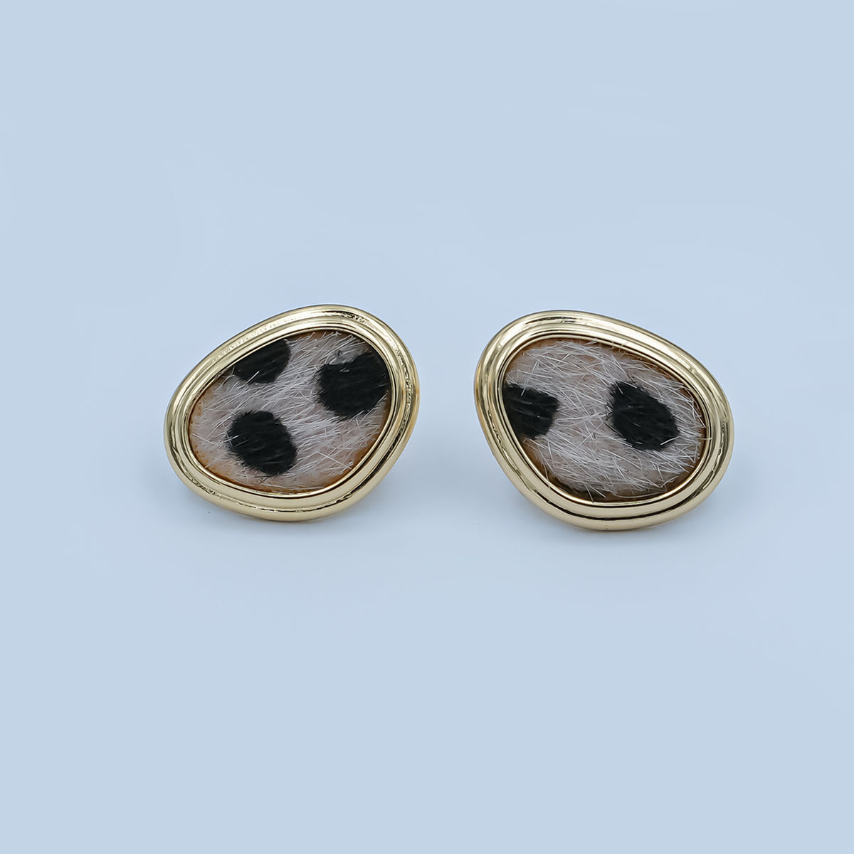 Snow Leopard Print Faux Fur Geometric Bezel Stud Earrings in Gold & Silver | AD1556 AE071