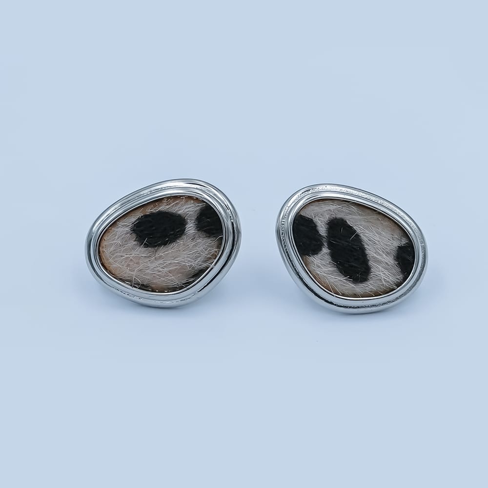 Snow Leopard Print Faux Fur Geometric Bezel Stud Earrings in Gold & Silver | AD1556 AE071