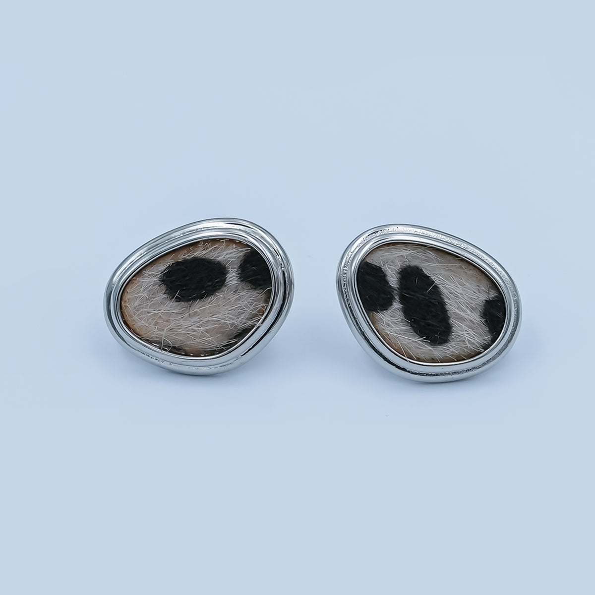 Snow Leopard Print Faux Fur Geometric Bezel Stud Earrings in Gold & Silver | AD1556 AE071