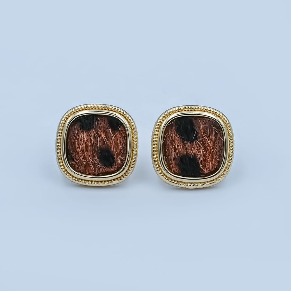 Animal Print Fur Snow Leopard Cheetah Square Bezel Stud Earrings in Gold & Silver | AE102 AE155