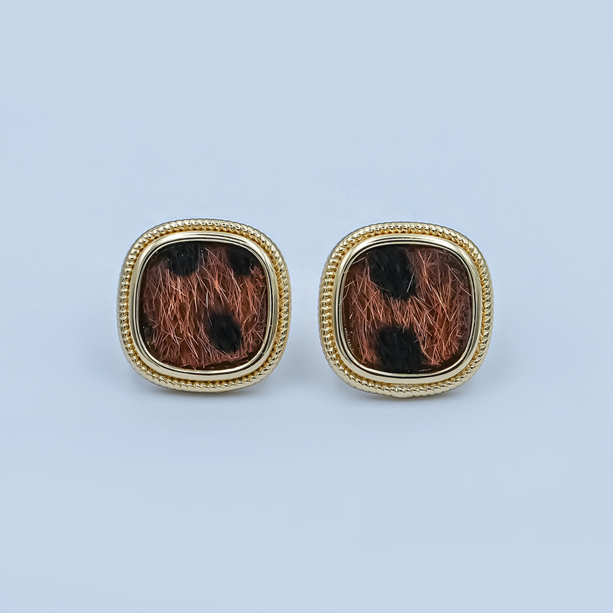 Animal Print Fur Snow Leopard Cheetah Square Bezel Stud Earrings in Gold & Silver | AE102 AE155