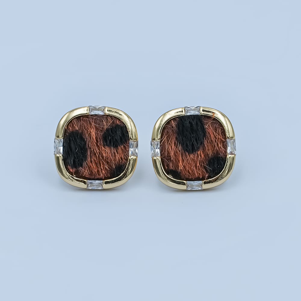 Animal Print Fur Leopard Cheetah Square Bezel With CZ Stone Stud Earrings in Gold & Silver | AE158