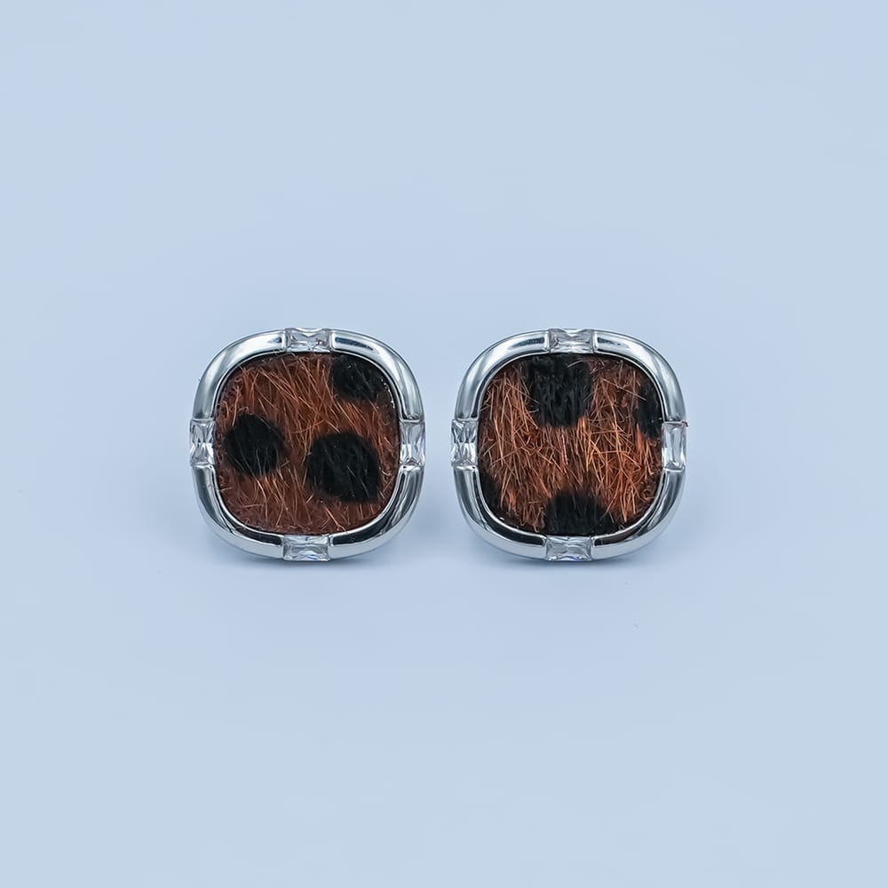 Animal Print Fur Leopard Cheetah Square Bezel With CZ Stone Stud Earrings in Gold & Silver | AE158
