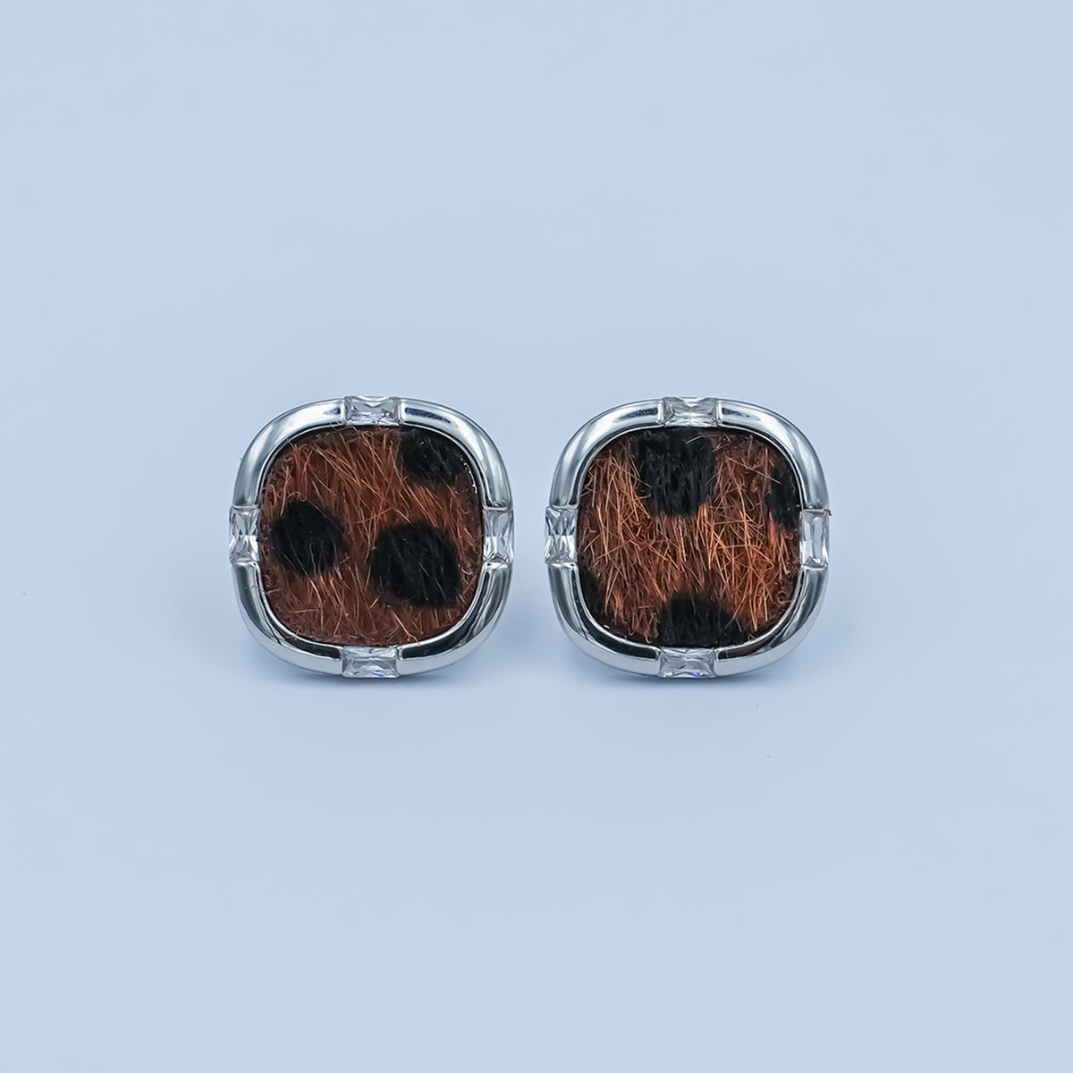 Animal Print Fur Leopard Cheetah Square Bezel With CZ Stone Stud Earrings in Gold & Silver | AE158
