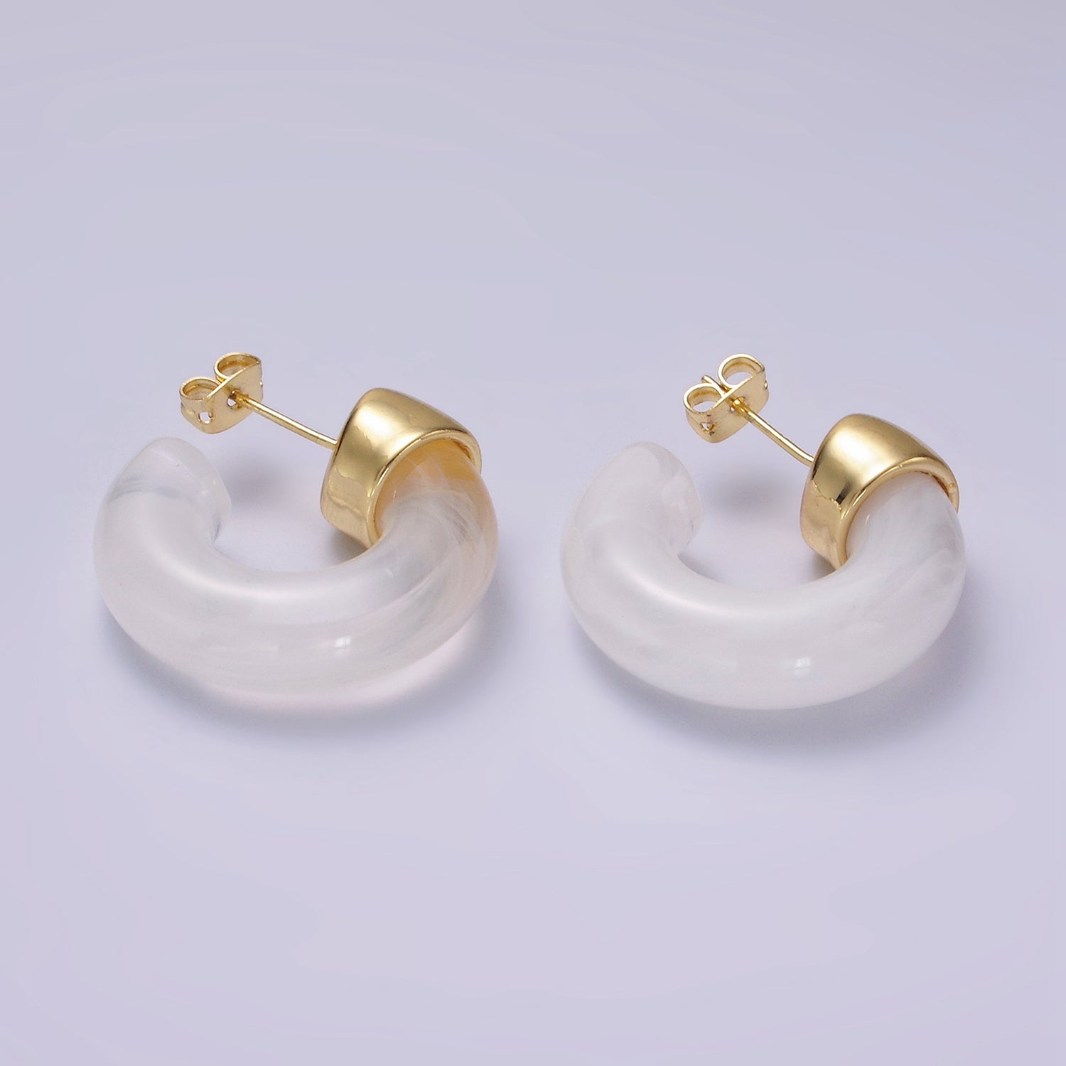 14K Gold Filled 25mm Orange & White C-Shaped Resin Hoop Earrings | AE186-187
