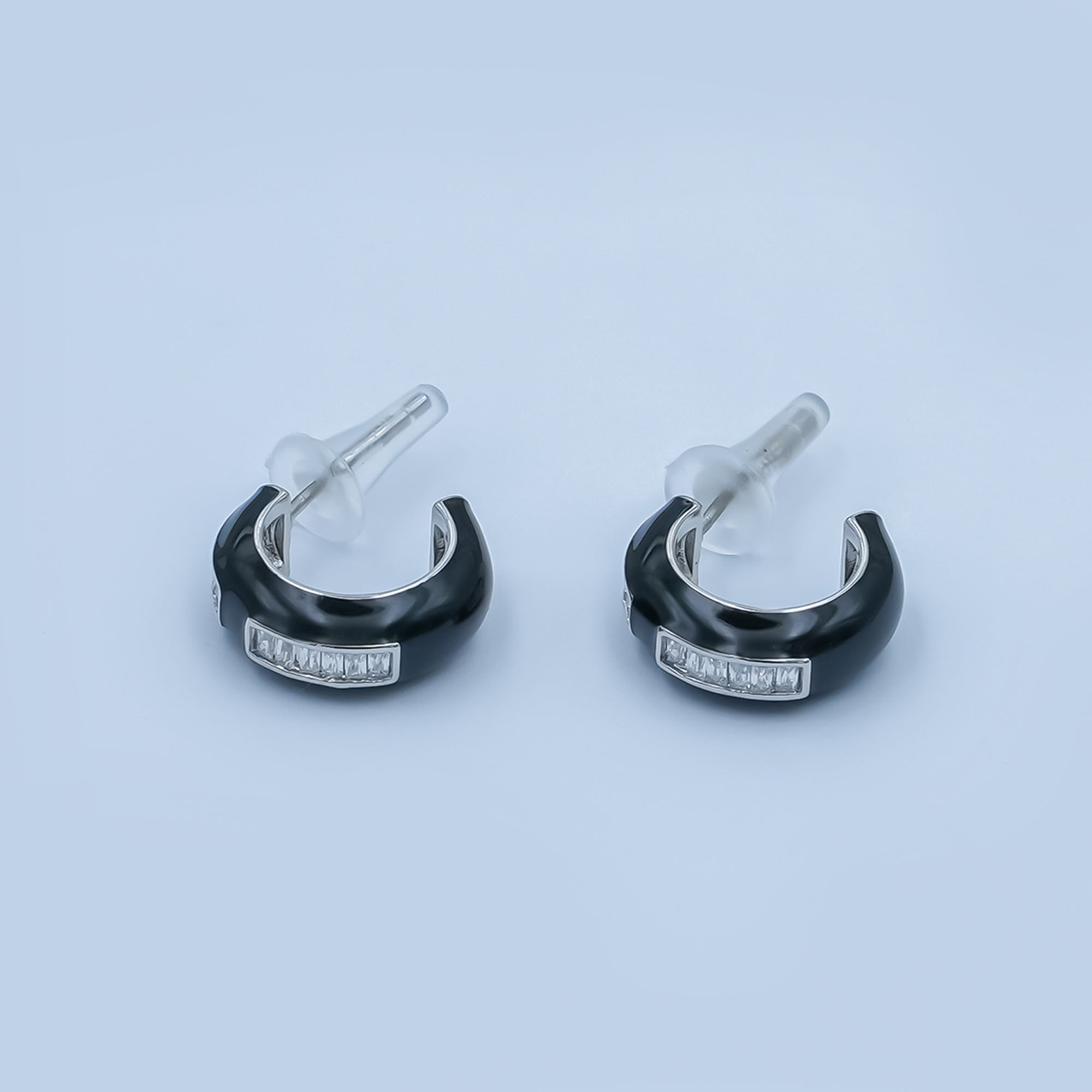 Black, White Enamel Baguette CZ C-Shaped Hoop Earrings in Gold & Silver | AE265 - AE73