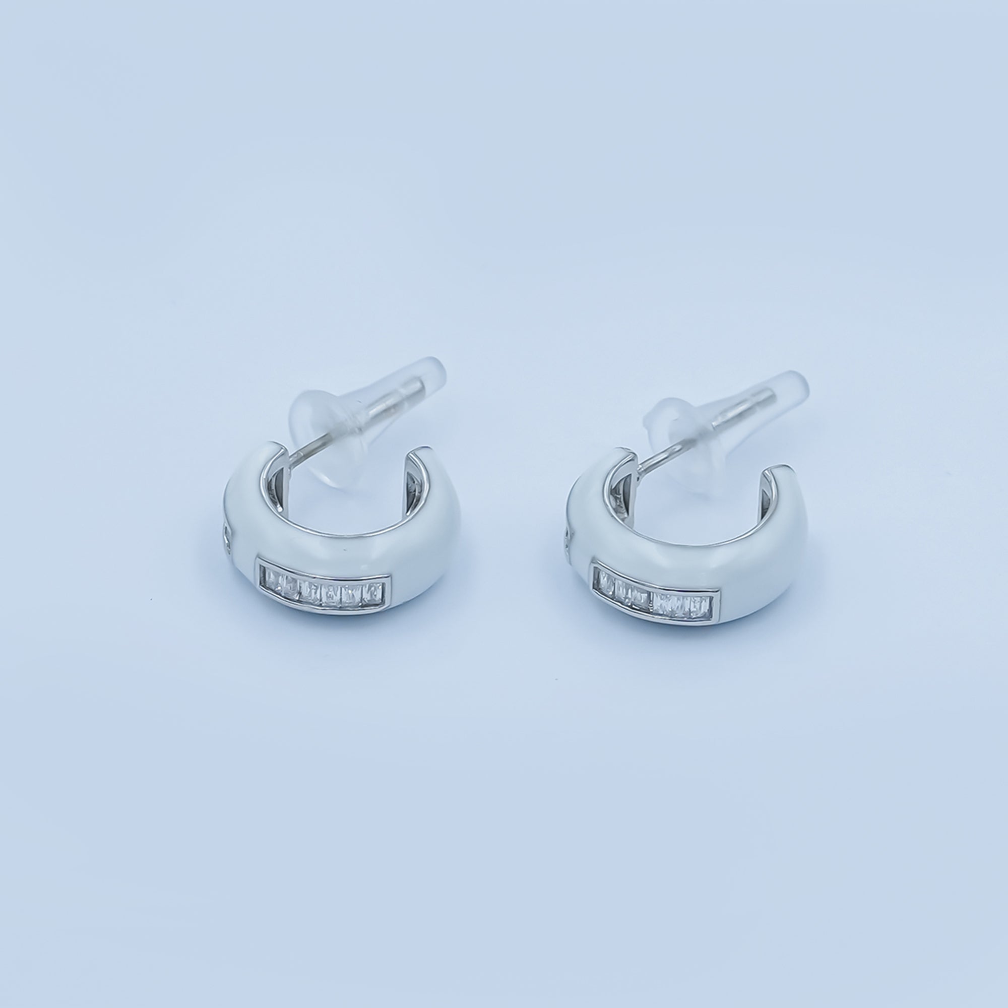 Black, White Enamel Baguette CZ C-Shaped Hoop Earrings in Gold & Silver | AE265 - AE73