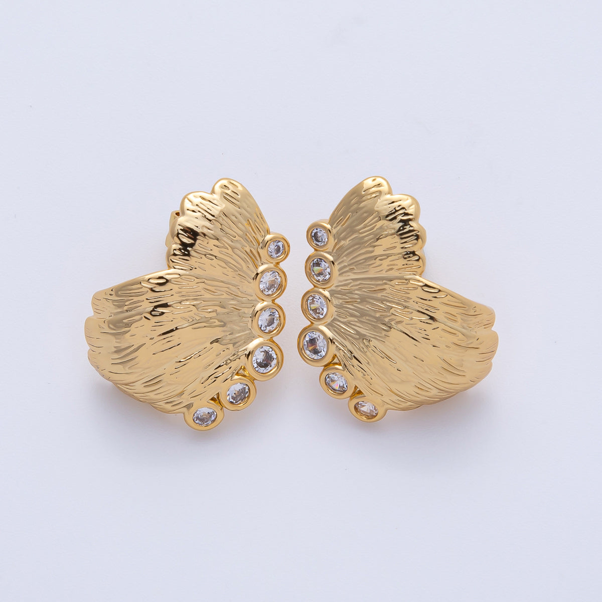 18K Gold Filled 20mm Clear CZ Textured Butterfly Wings Stud Earrings Set | AE619
