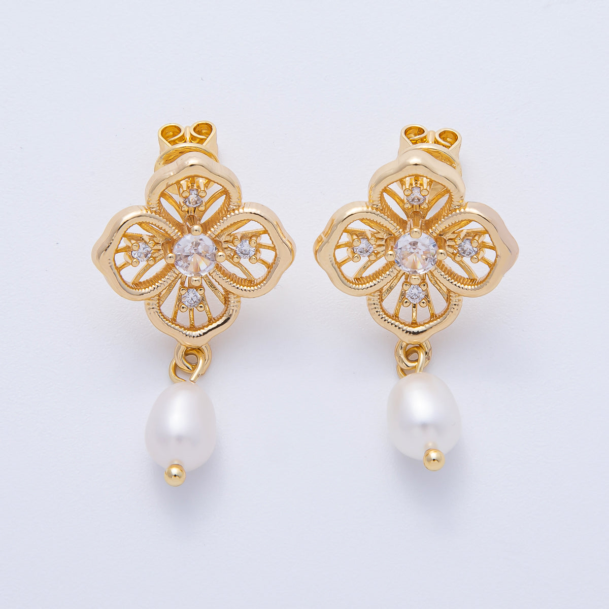 18K Gold Filled 33mm CZ Flower Filigree Shell Pearl Drop Stud Earrings | AE622