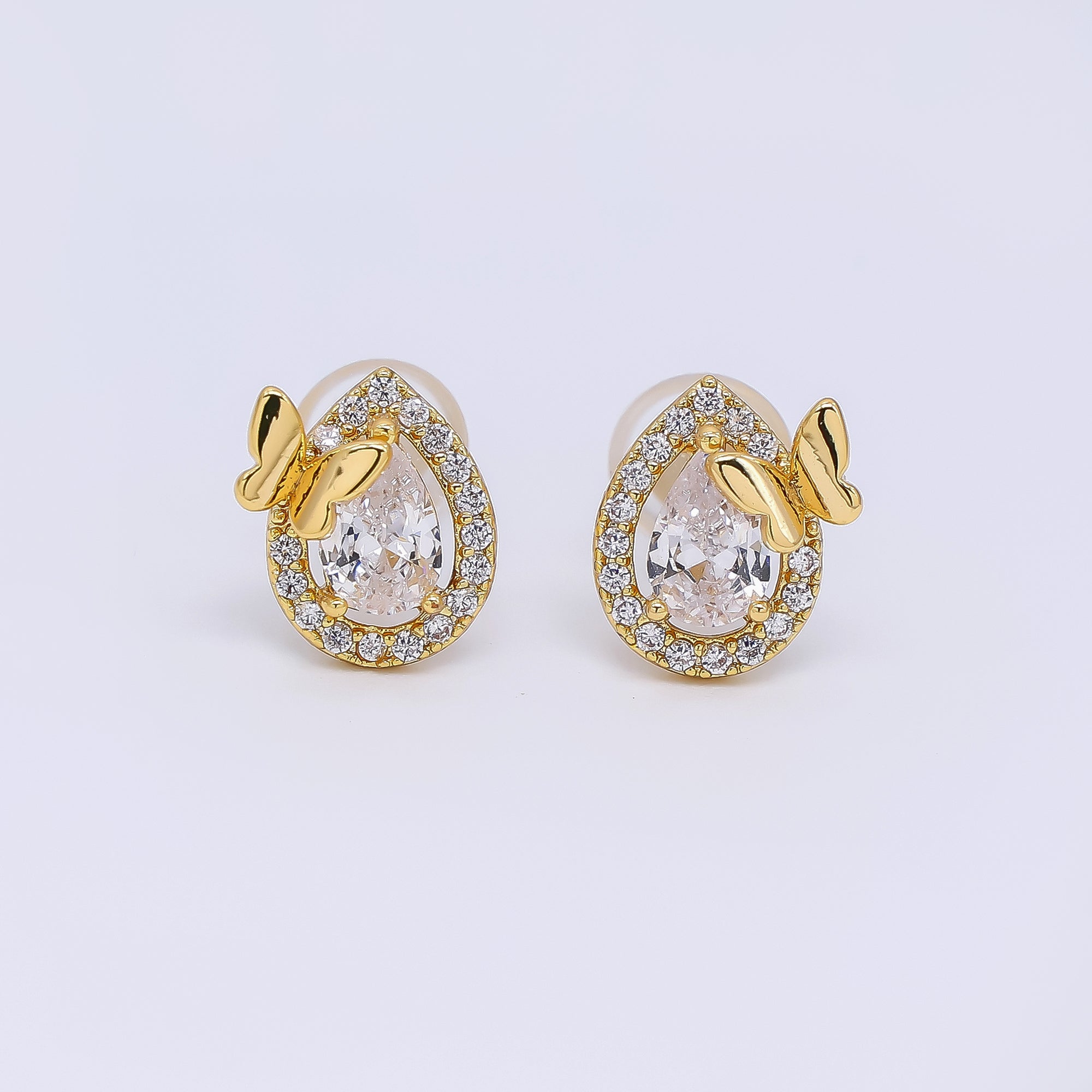 24K Gold Filled 10mm Clear CZ Micro Paved Butterfly Teardrop Stud Earrings in Gold & Silver | AE689 AE712
