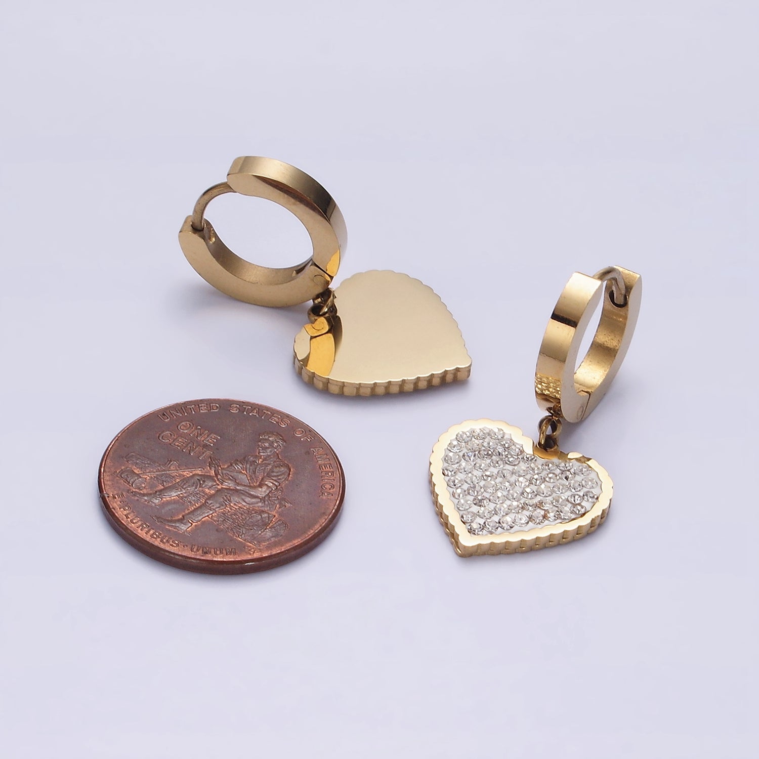 Stainless Steel Clear Micro Paved CZ Heart Drop Huggie Earrings | AE873 - DLUXCA