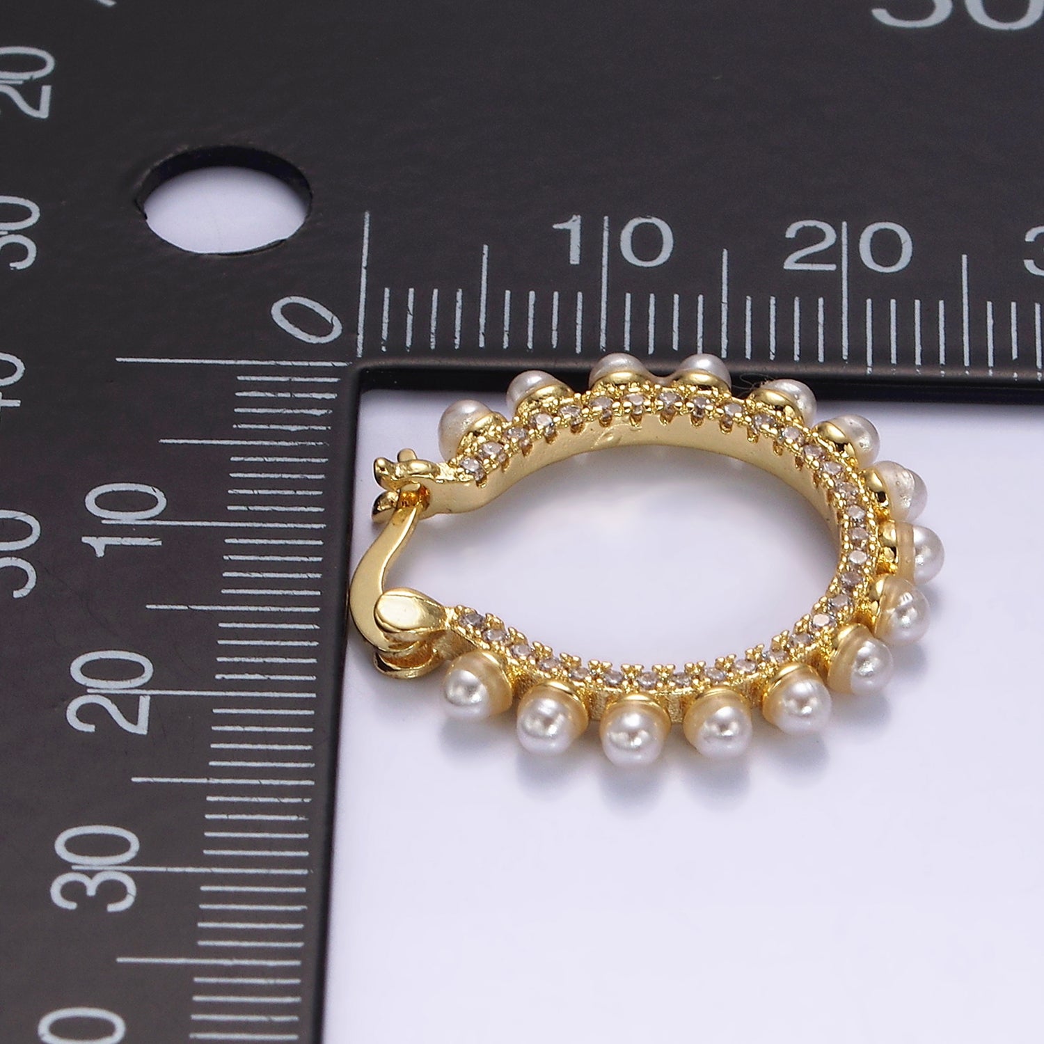 14K Gold Filled 23.5mm Micro Paved CZ Shell Pearl Dotted Latch Hoop Earrings in Gold & Silver | AE993 AE994