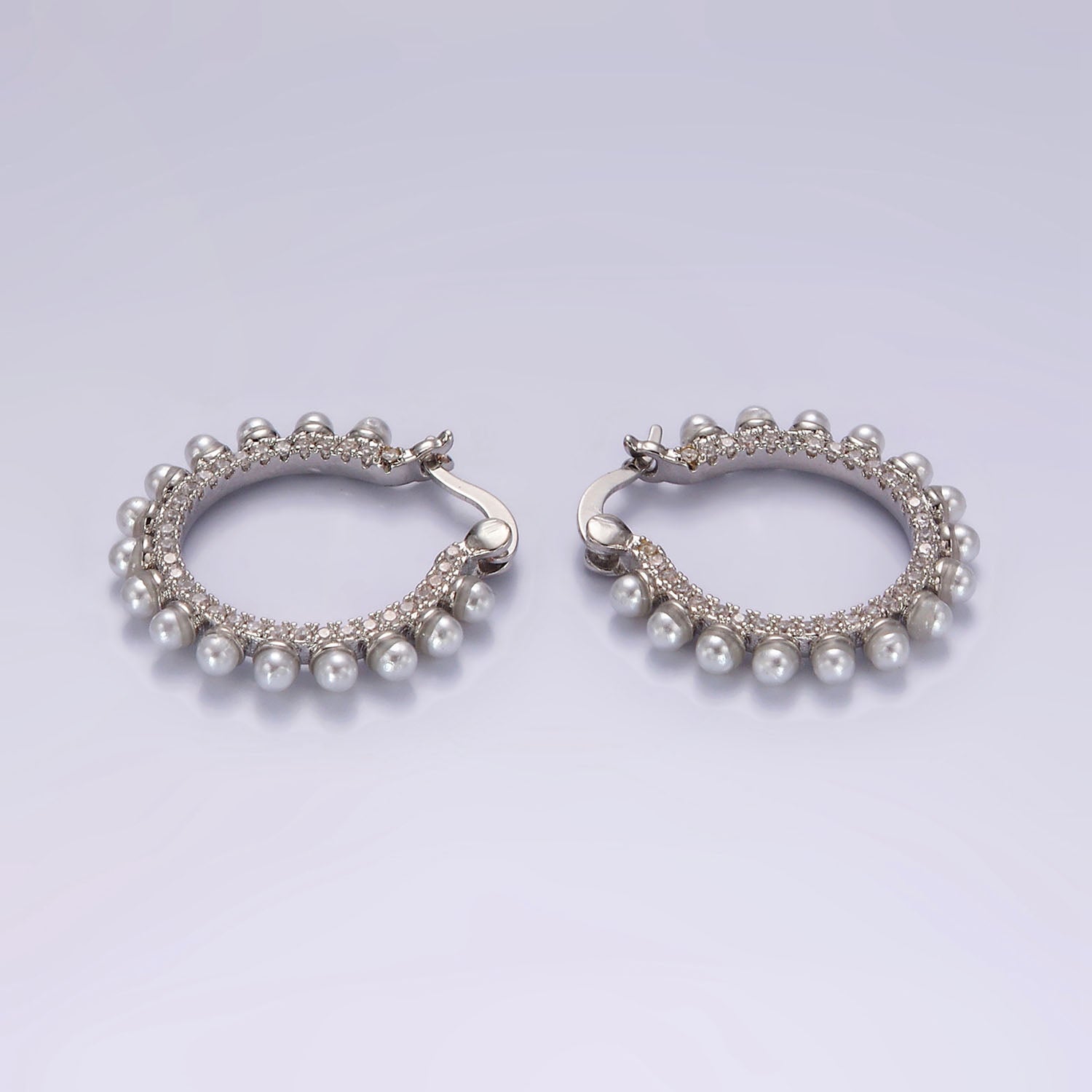 14K Gold Filled 23.5mm Micro Paved CZ Shell Pearl Dotted Latch Hoop Earrings in Gold & Silver | AE993 AE994