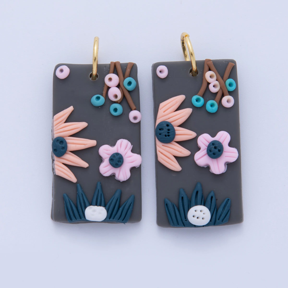 18K Gold Filled Multicolor Flower Plant Grey Polymer Clay Rectangle Charm | AF362