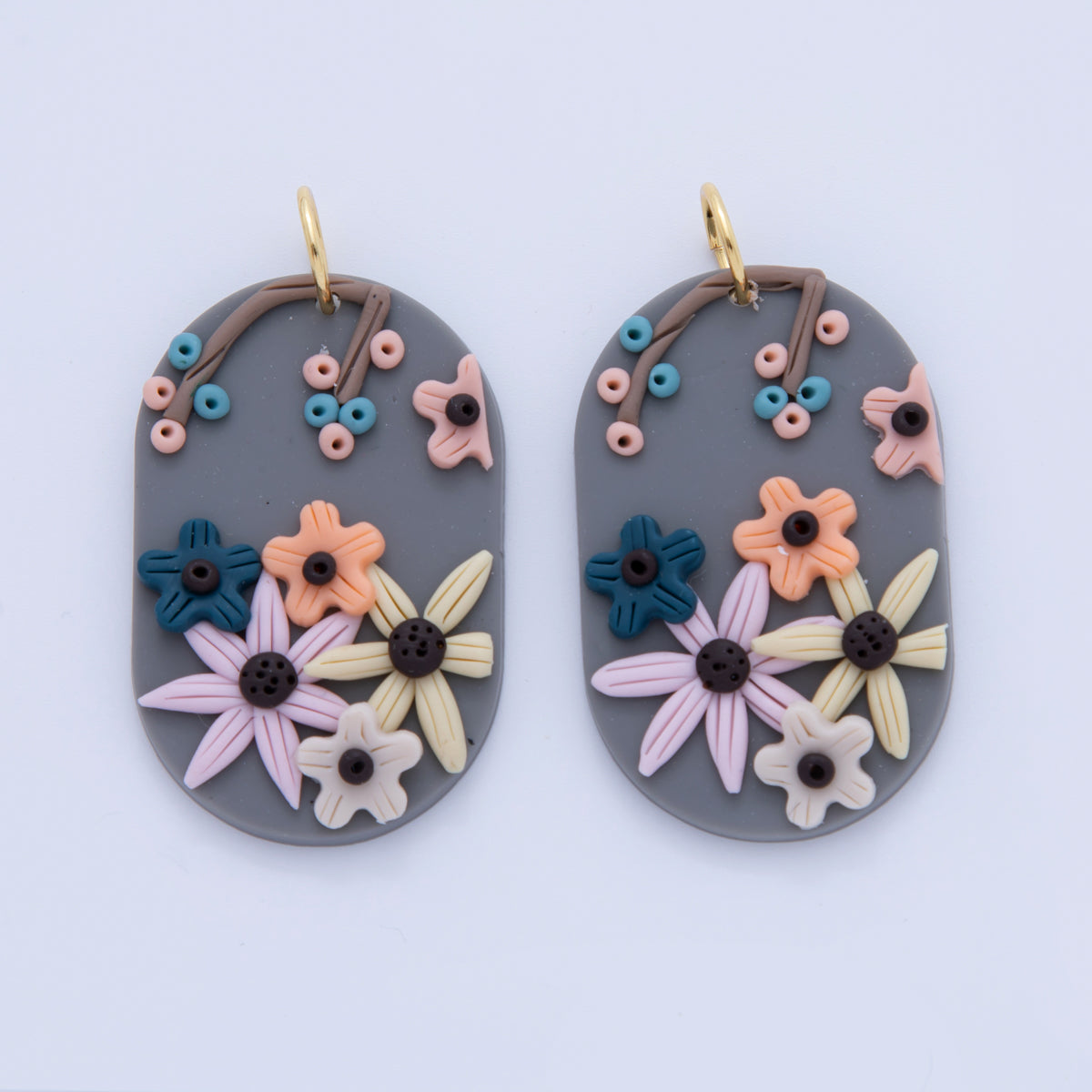 18K Gold Filled Multicolor Flower Plant Polymer Clay Grey Oblong Charm | AF365