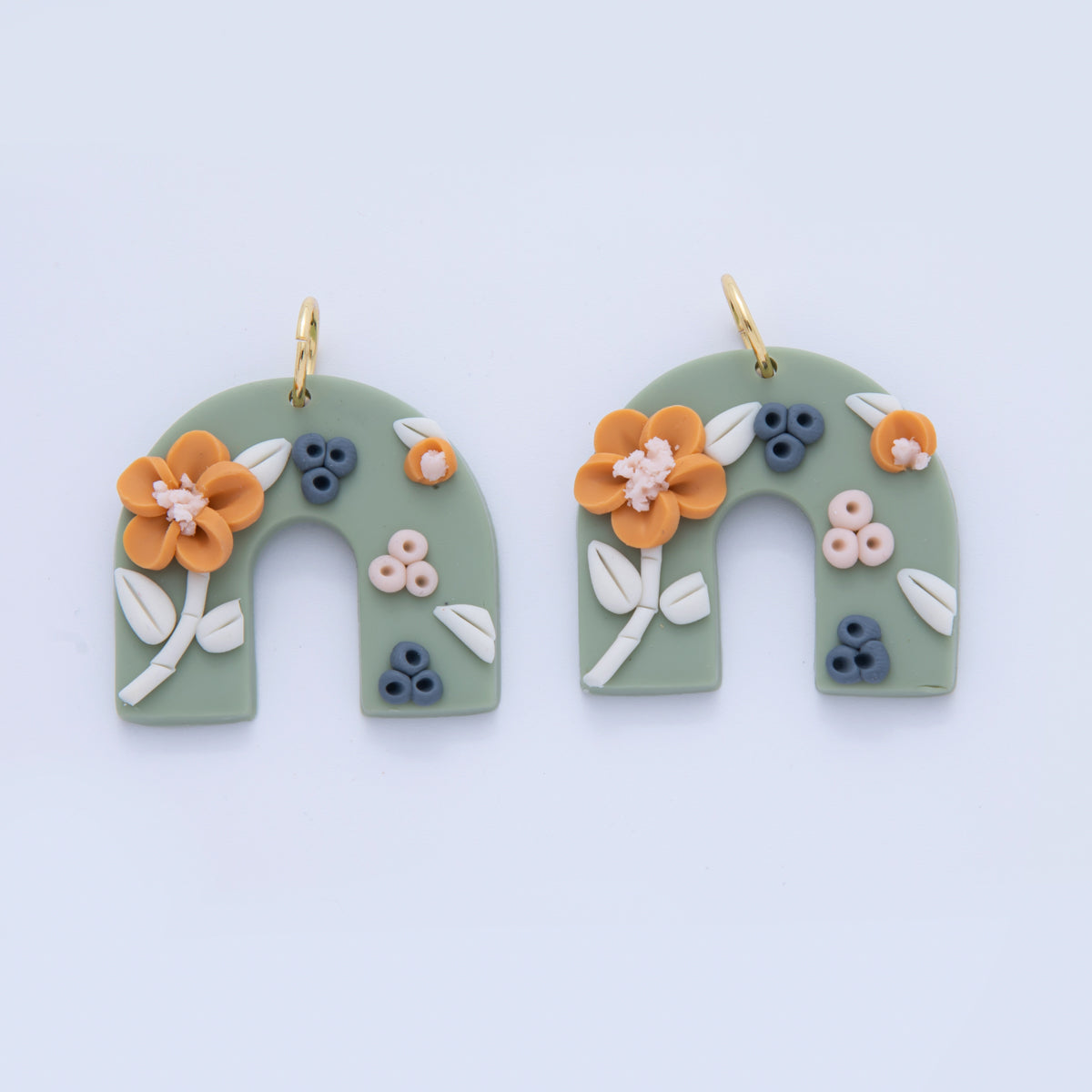 18K Gold Filled Orange Flower Plant Polymer Clay Green U-Shaped Charm | AF366