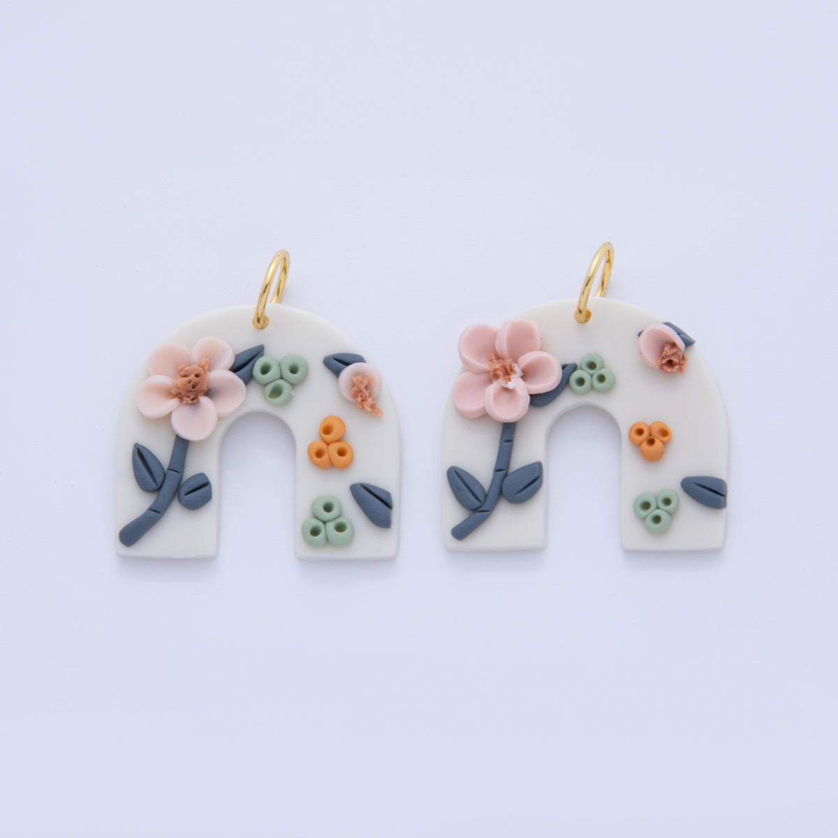 18K Gold Filled Multicolor Pink Flower Plant Polymer Clay White U-Shaped Charm | AF373