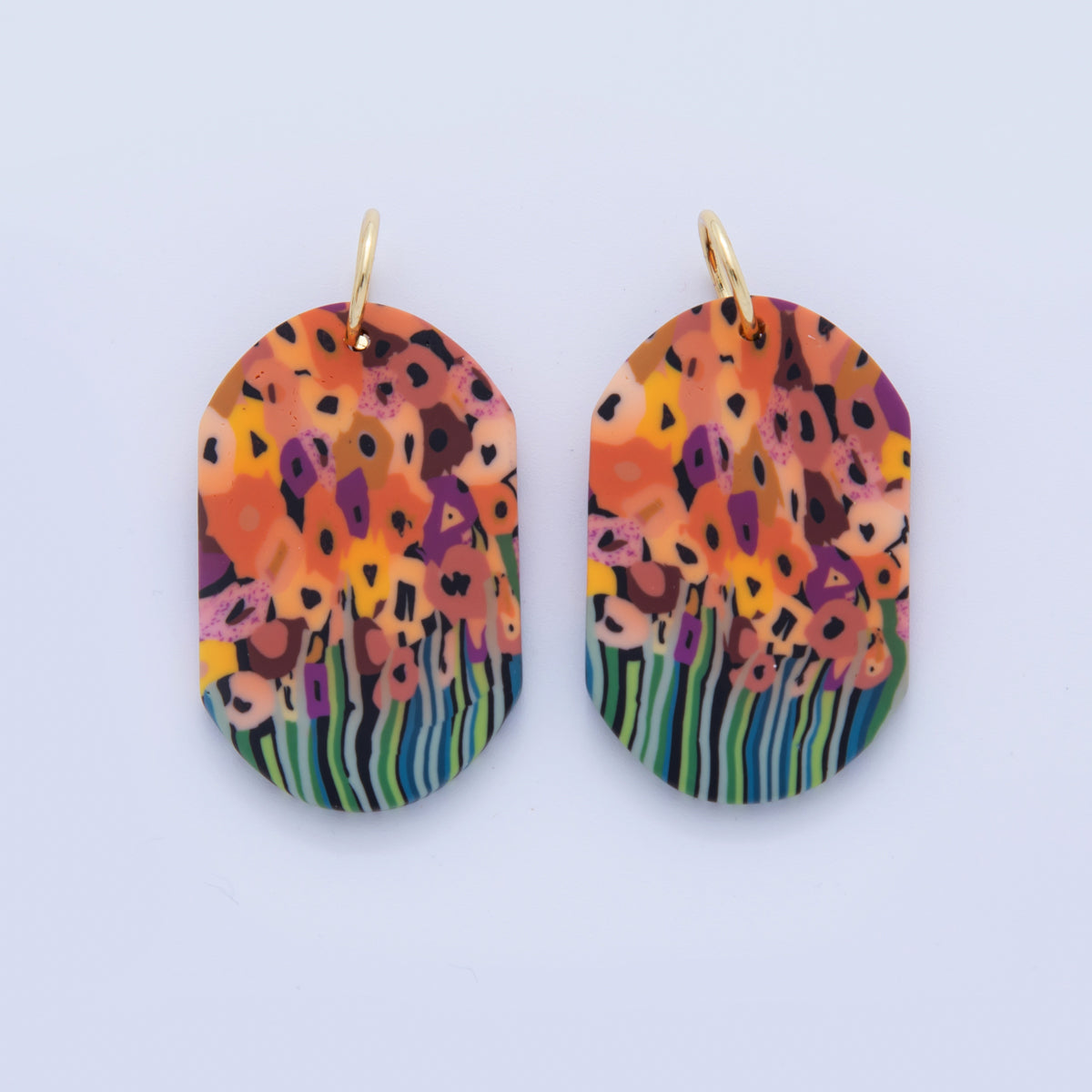 18K Gold Filled Multicolor Sunset Flower Polymer Clay Oblong Charm | AF374
