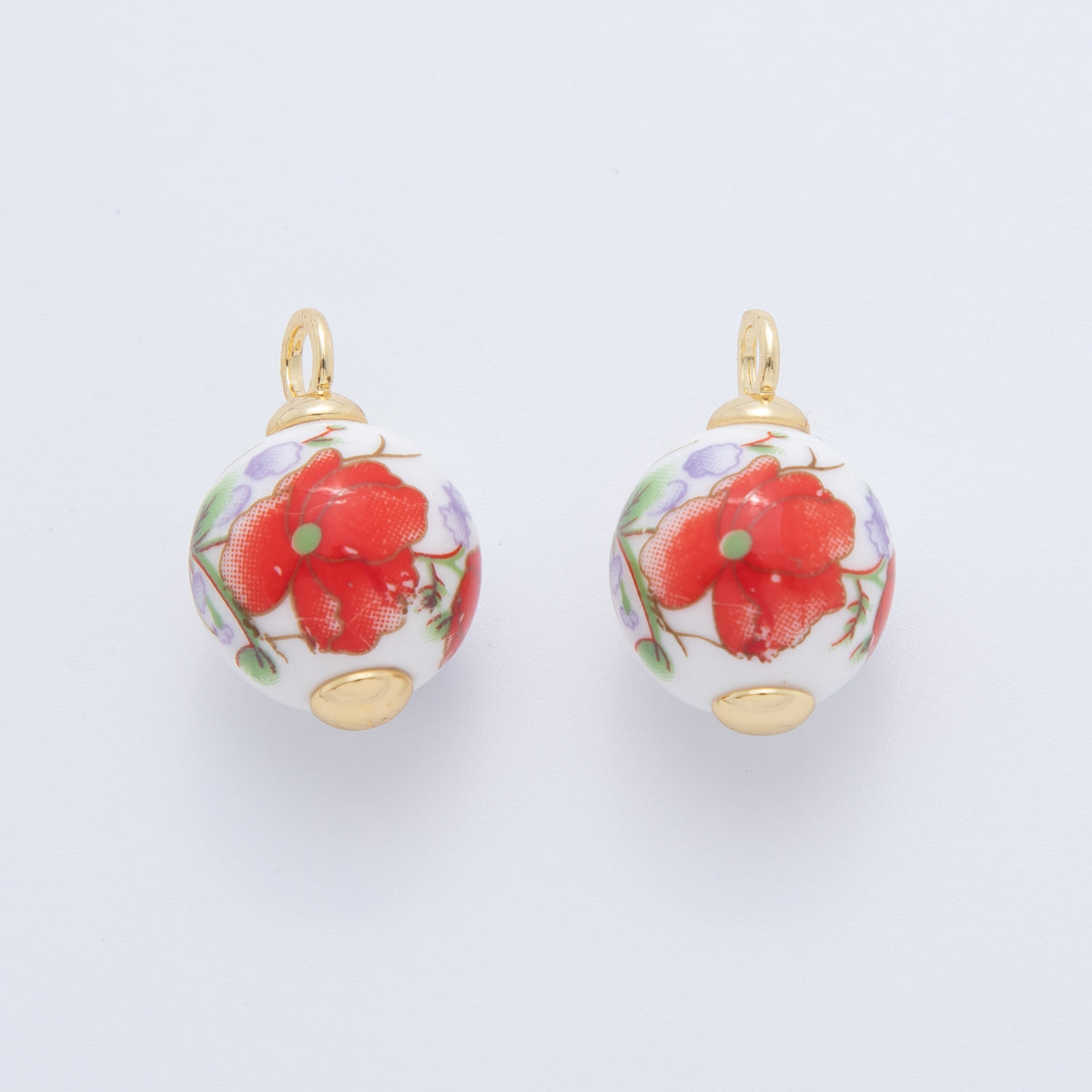 18K Gold Filled 21mm Pink, Purple, Red Violet Flower Round Ceramic Drop Pendant | AF700 AF701