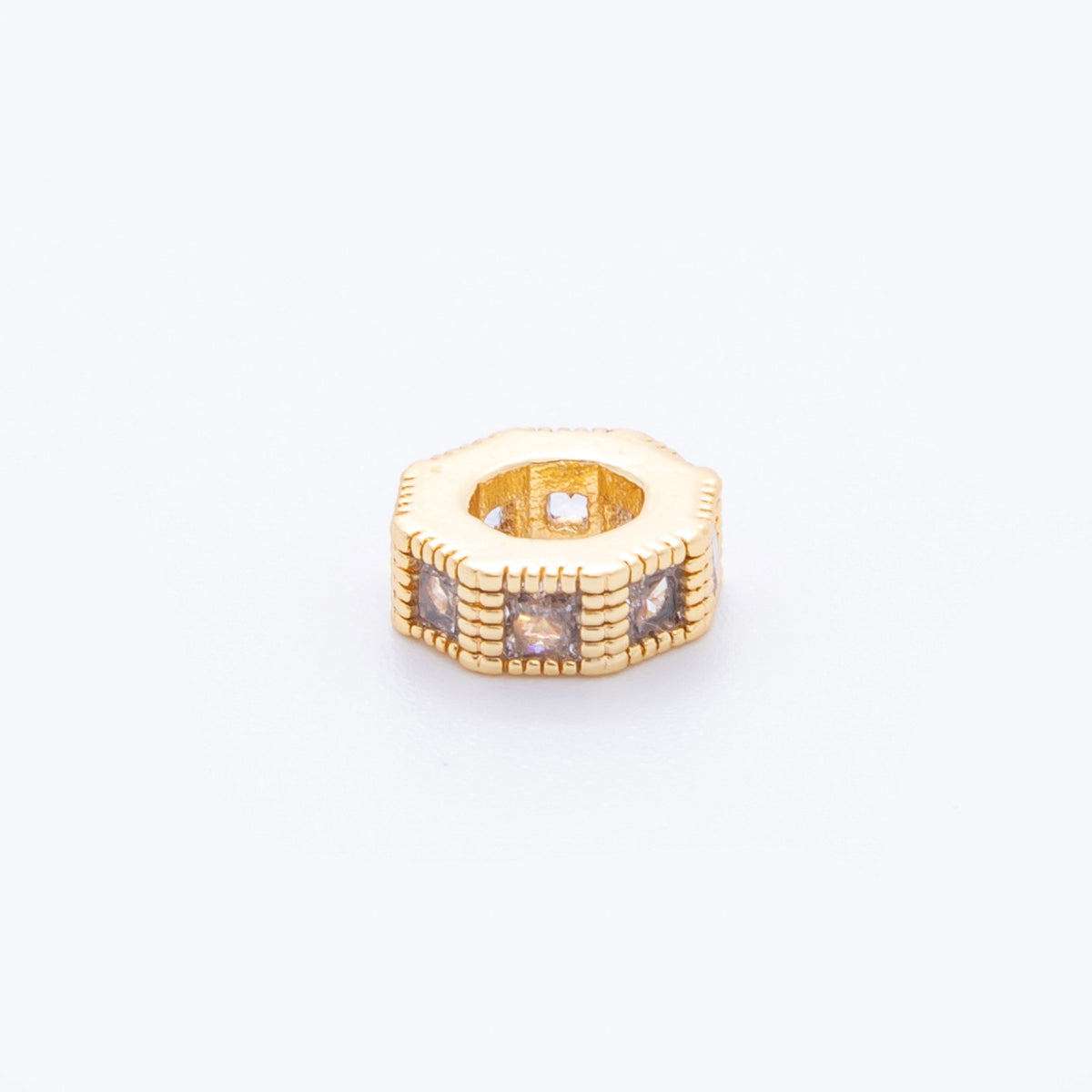 18K Gold Filled Clear CZ Baguette Line-Textured Rondelle Bead Spacer | AF1035