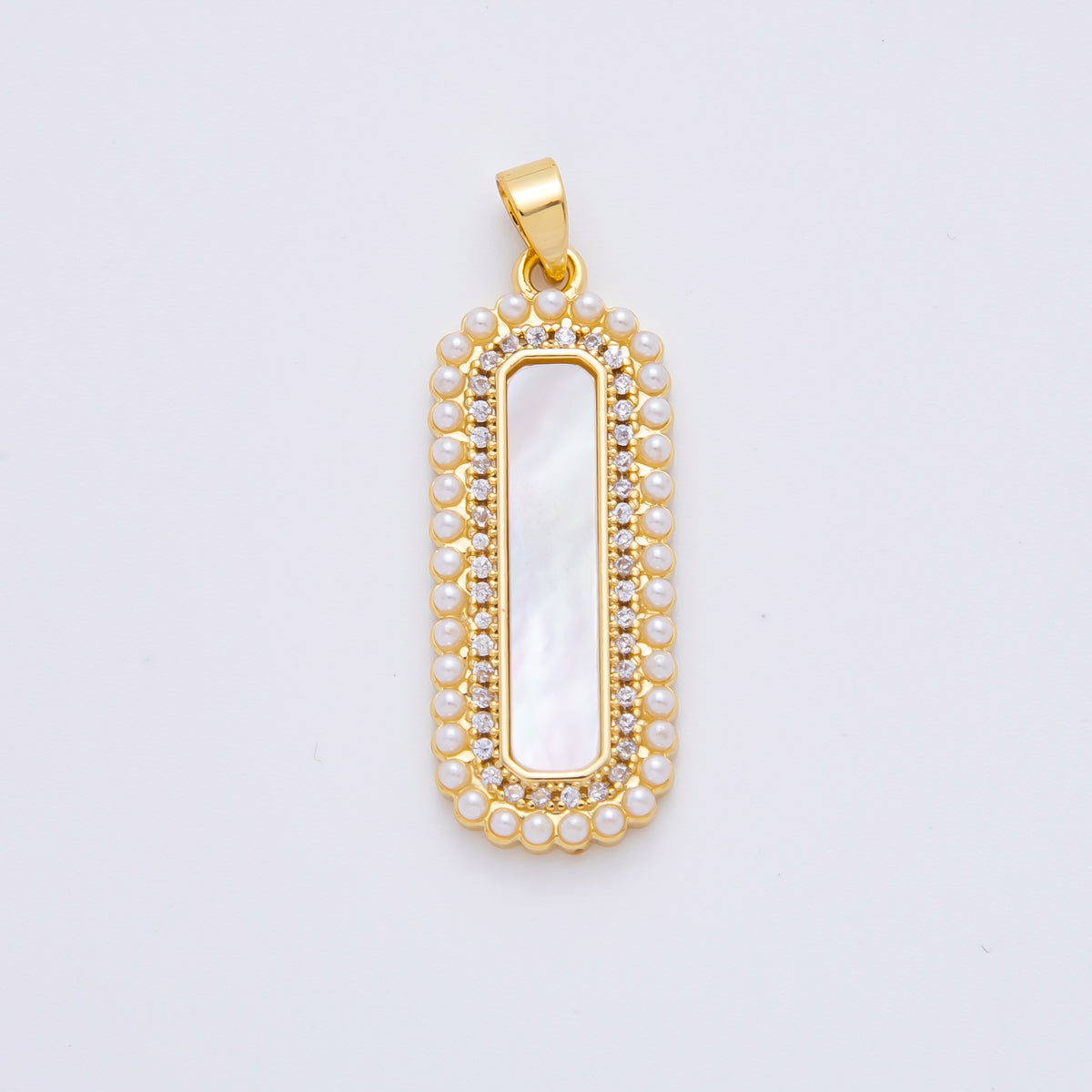 18K Gold Filled 35mm Micro Paved CZ Shell Pearl Long Bar Charm | AF1114