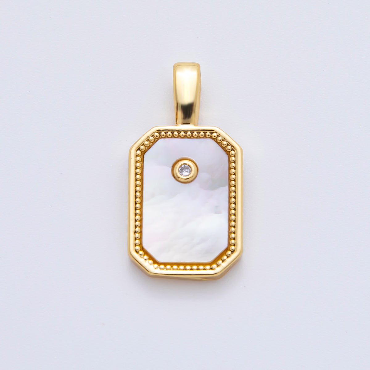 18K Gold Filled 20.5mm Round CZ Shell Pearl Minimalist Tag Bezle Charm | AF1115