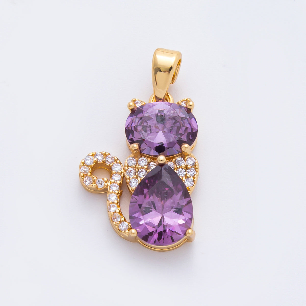 18K Gold Filled 23mm Pink & Purple CZ Cat Figure Animals Pendant | AF-A1122