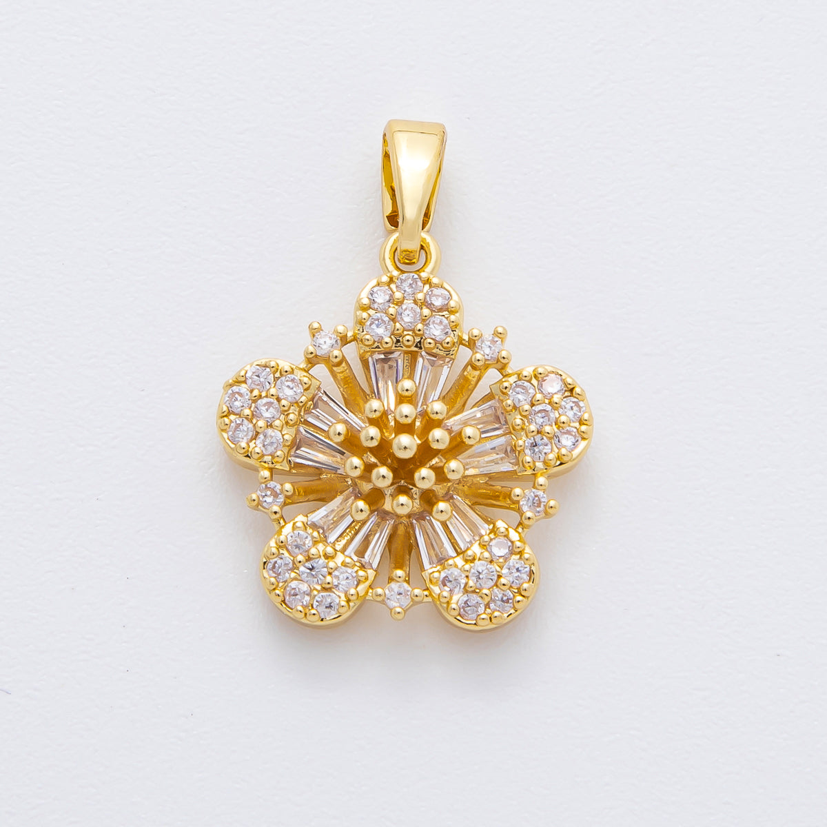 18K Gold Filled 23mm Micro Paved & Baguette CZ Flower Pendant | AF-A1131