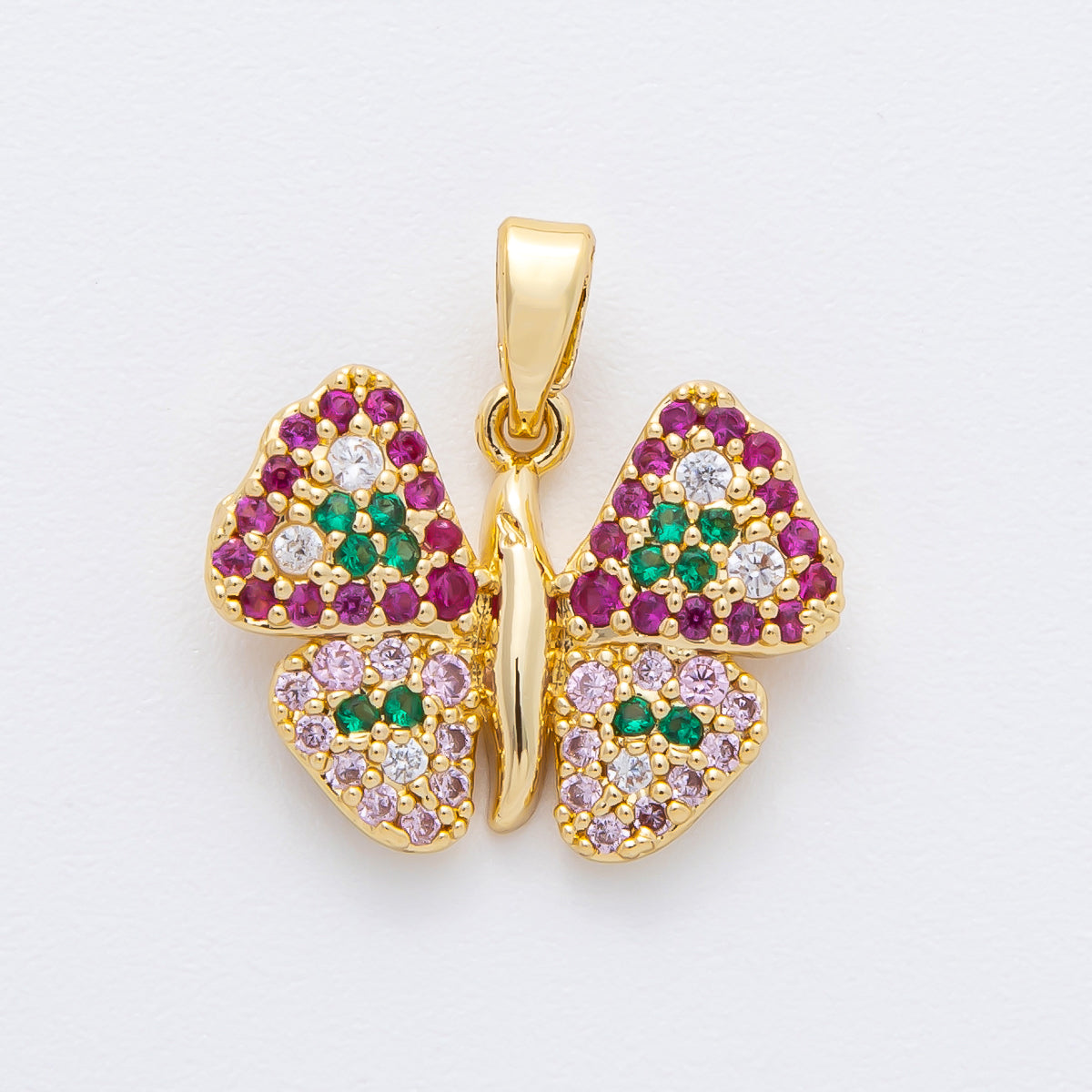 18K Gold Filled 18mm Fuchsia & Green Micro Paved CZ Butterfly Mariposa Pendant | AF-A1132