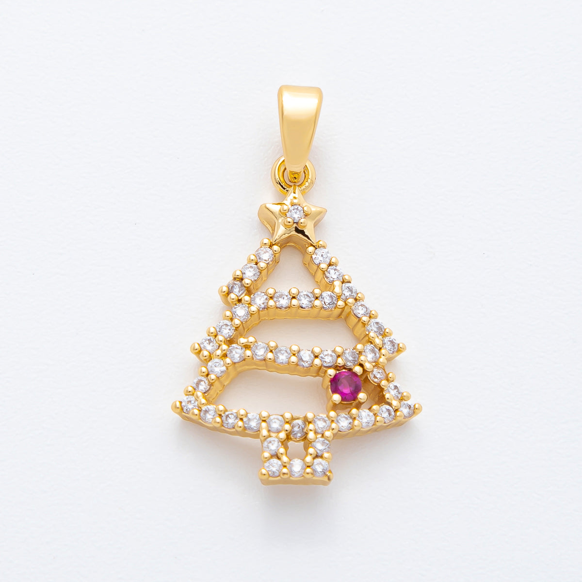 18K Gold Filled 27mm Clear & Fuchsia Micro Paved CZ Christmass Tree Pendant | AF-A1135
