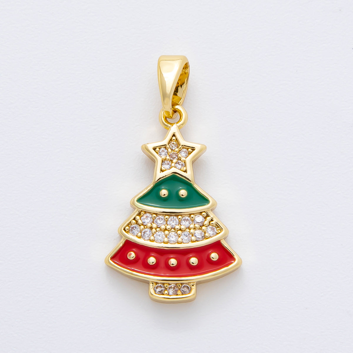 18K Gold Filled 25mm Micro Paved CZ Enamel Red & Green Christmas Tree Pendant | AF-A1139