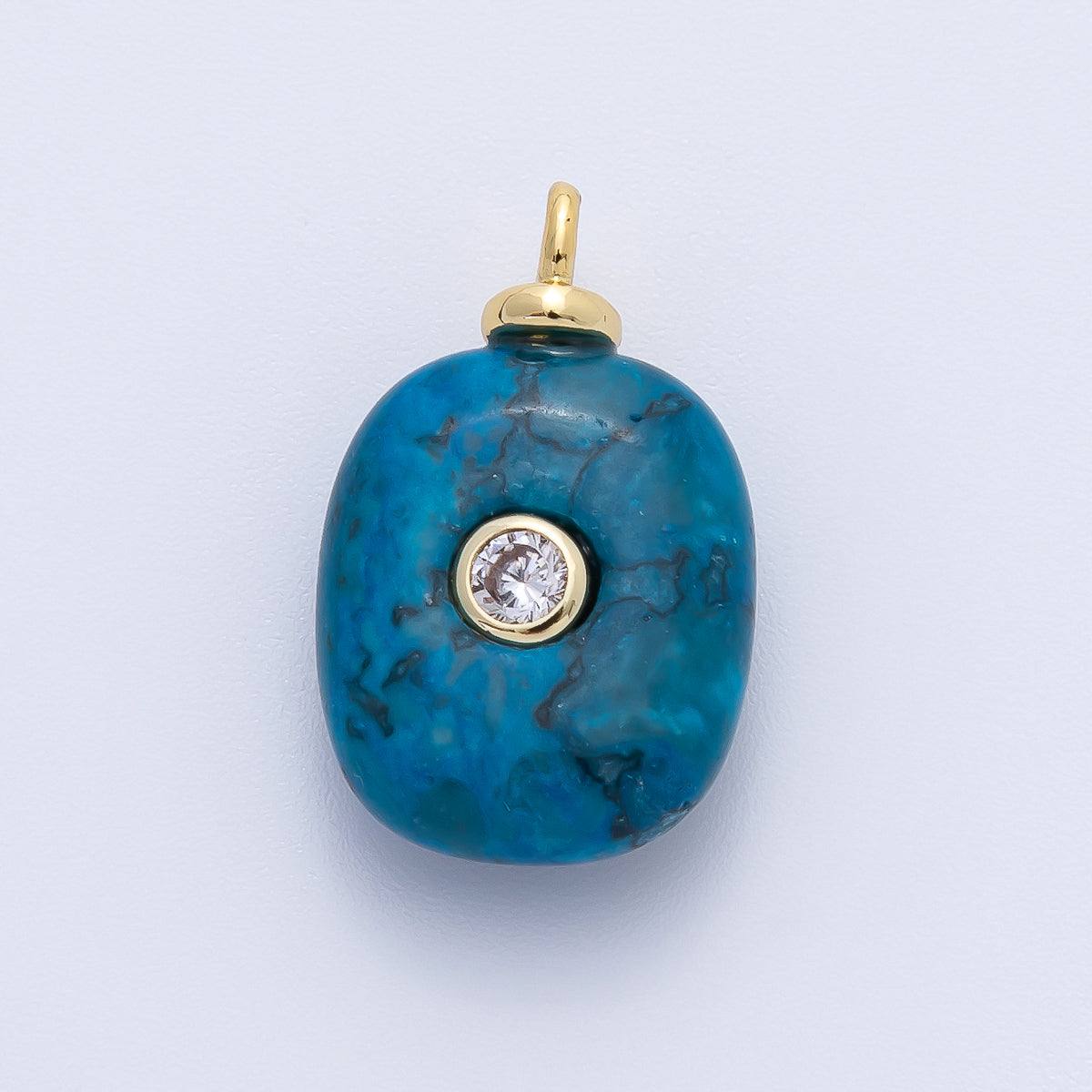 18K Gold Filled 21mm Clear Round CZ Flush Setting Round Blue Agate Gemstone Drop Charm | AF1388