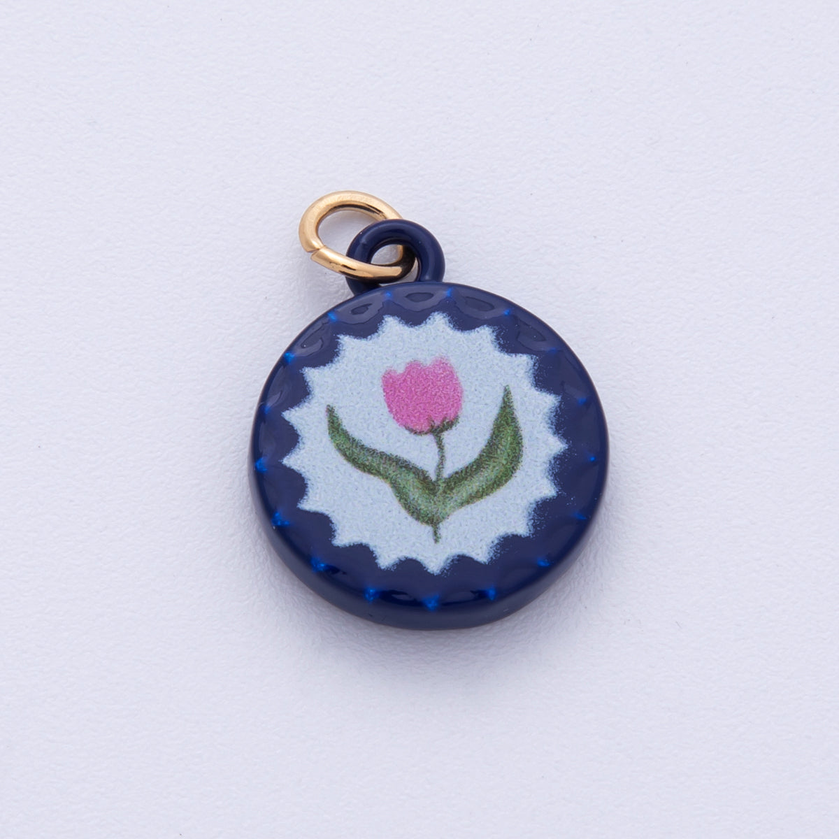18K Gold Filled 18mm Pink Rose Flower Blue Round Charm | AF1615