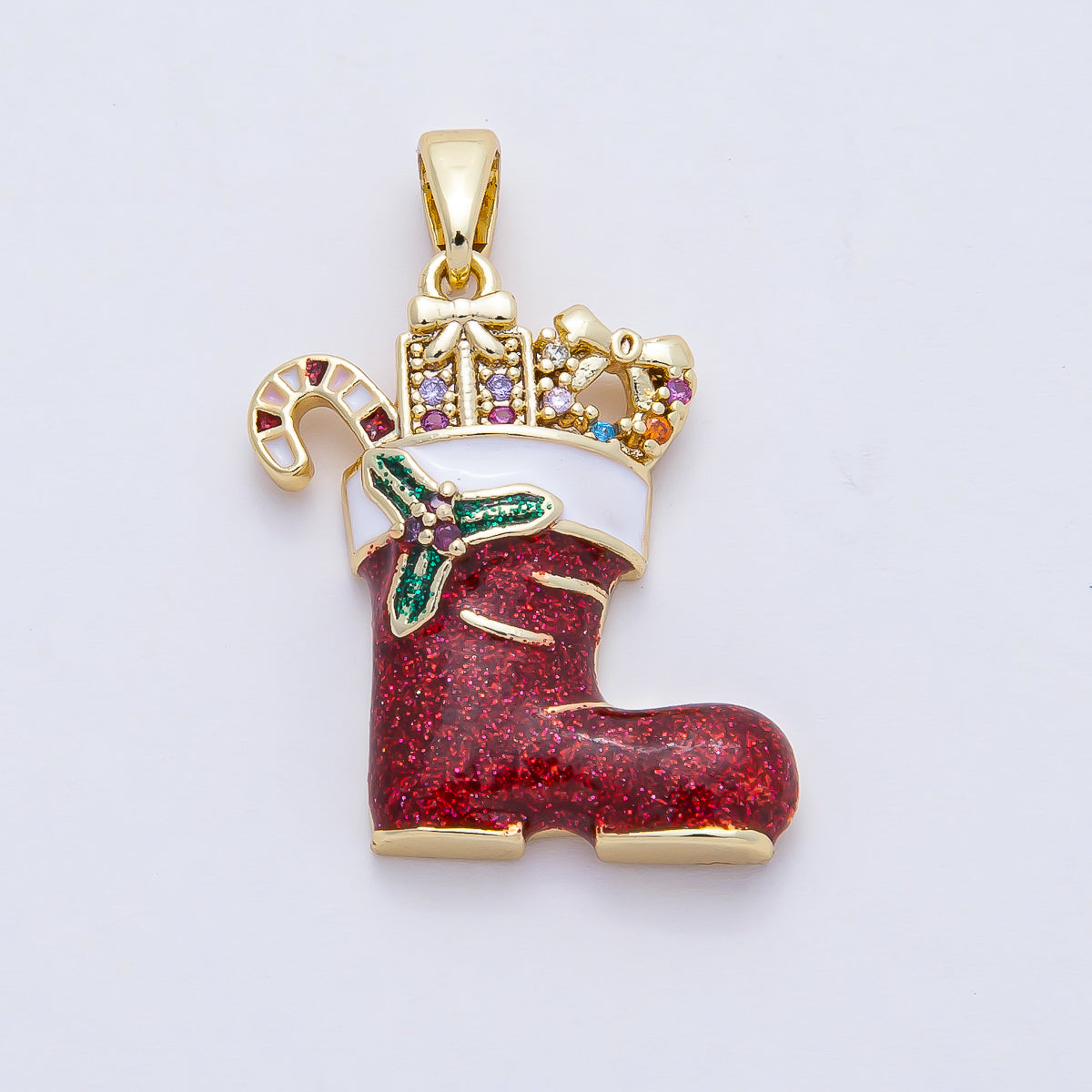 18K Gold Filled 22mm Micro Paved CZ Acrylic Red Santa's Shoe Christmas Holiday Pendant | AF1164