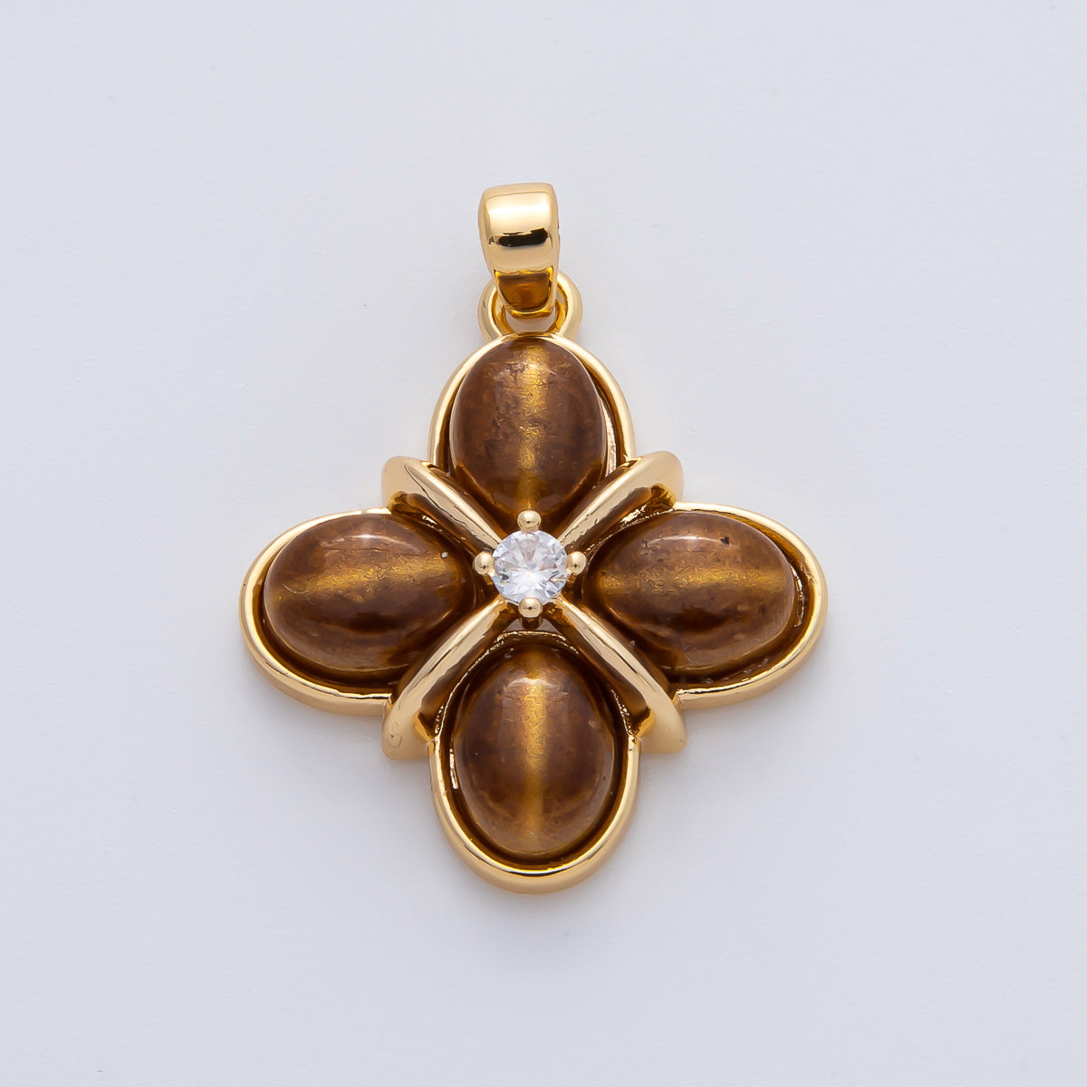 18K Gold Filled Tiger Eye Natural Gemstone with CZ 24mm Clover Charm Pendant | AF1167