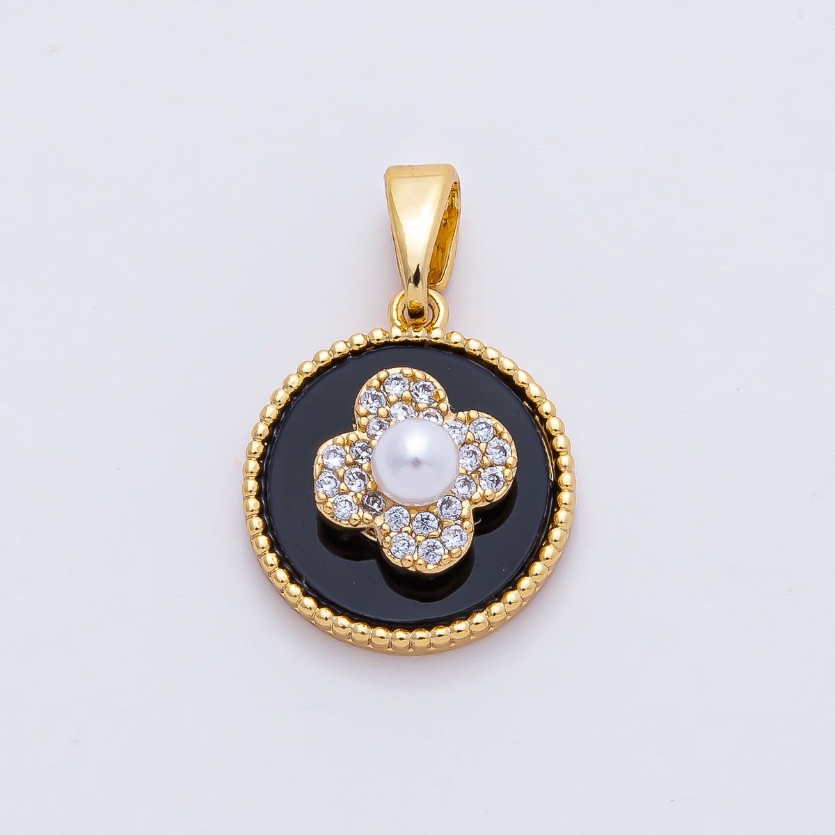 18K Gold Filled 15mm Black Spinning Clover Shell Pearl Pendant Charm | AF1169