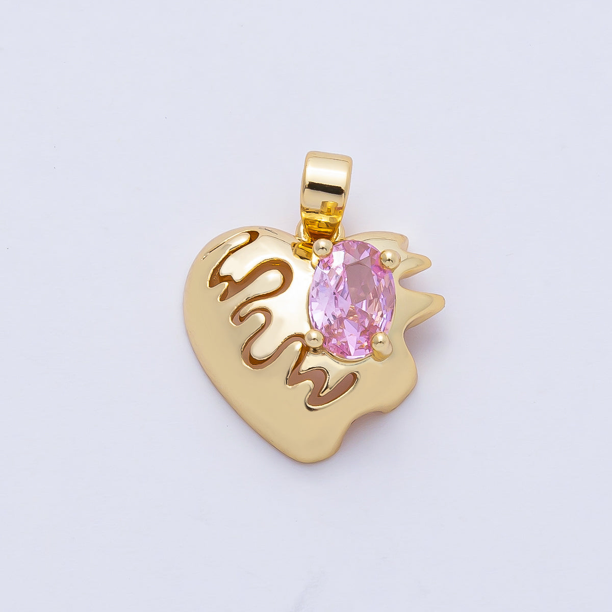 18K Gold Filled 15mm Pulse Heartbeat with Pink Oval CZ Heart Pendant Charm | AF1178