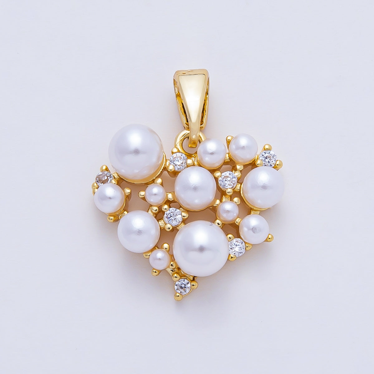 18K Gold Filled 15mm Mix Shell Pearl and CZ Dotted Heart Pendant Charm | AF1180