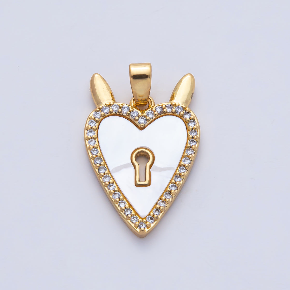 18K Gold Filled 21mm White Shell Pearl Clear CZ Lock Heart Pendant Charm | AF1187