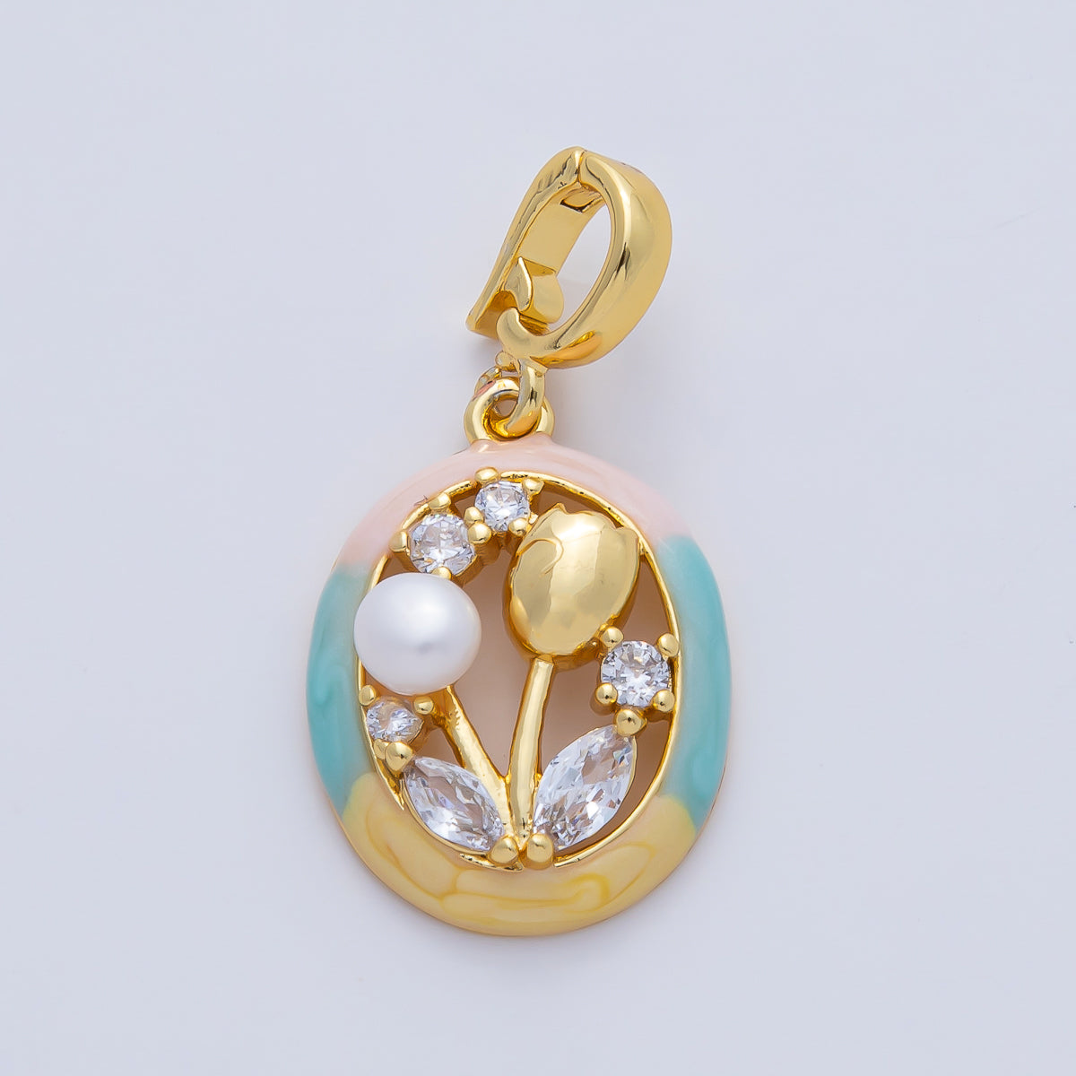 18K Gold Filled 22mm Tulip Flower CZ Shell Pearl Oval Snap Latch Pendant | AF1190