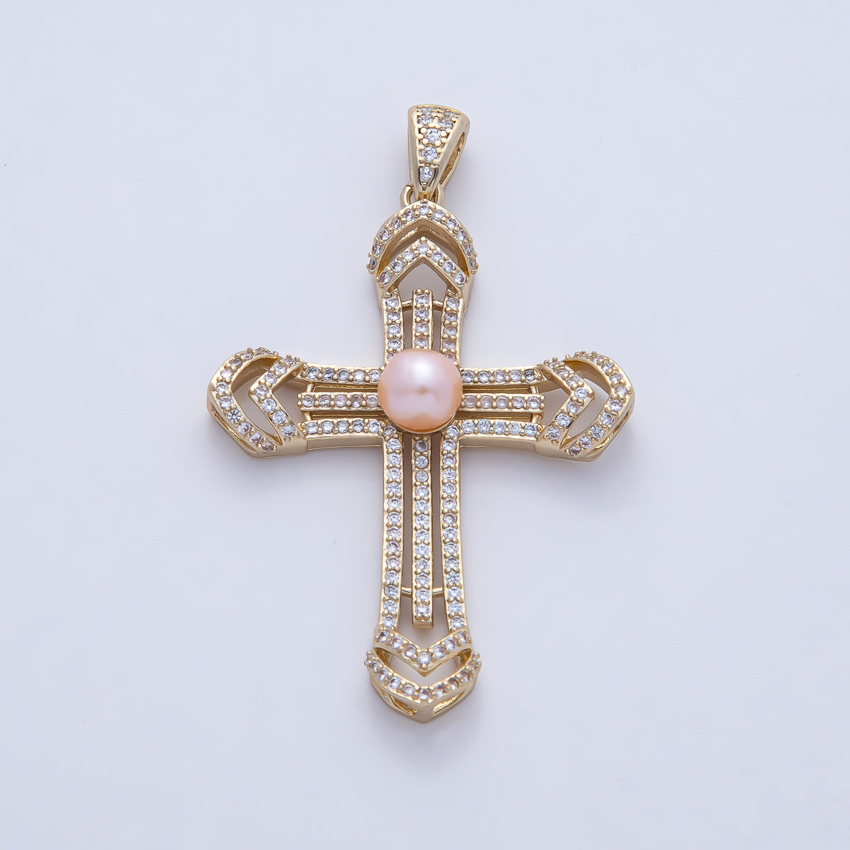 18K Gold Filled 40mm White, Pink Shell Pearl Micro Paved CZ Passion Cross Pendant | AF1194
