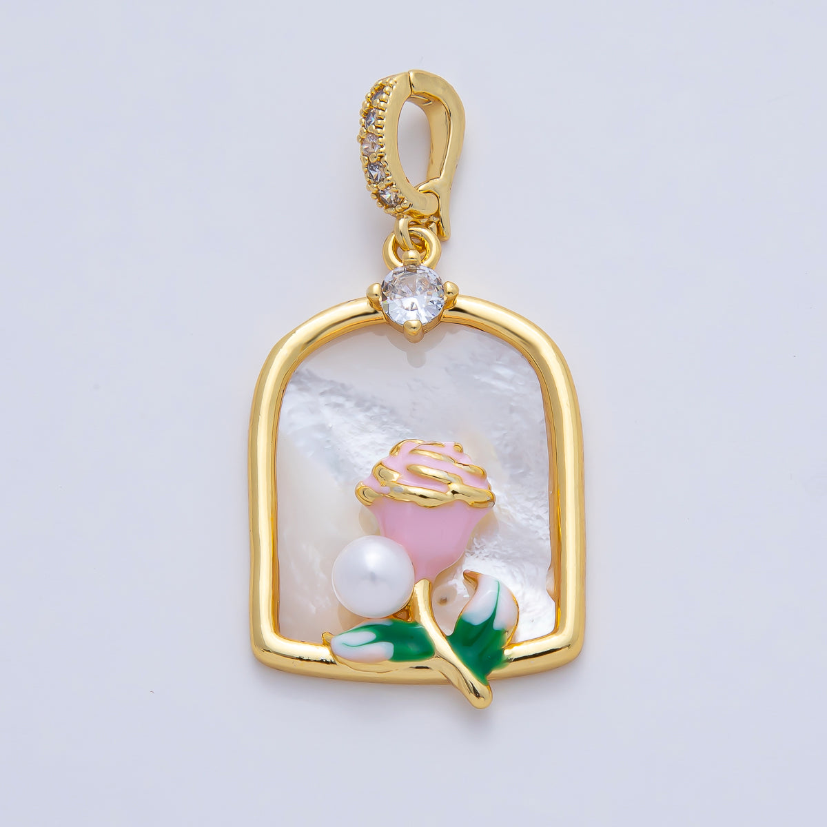 18K Gold Filled 31mm Pink Blooming Rose Flower White Shell Pearl Window Frame Pendant Charm | AF1196