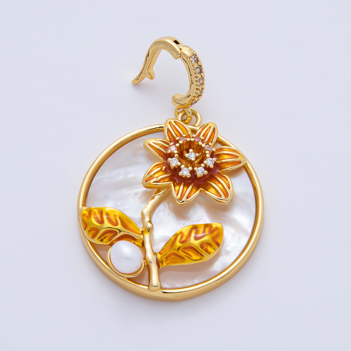 18K Gold Filled 30mm Orange Yellow Enamel Sunflower White Shell Pearl Round Pendant Charm | AF1197