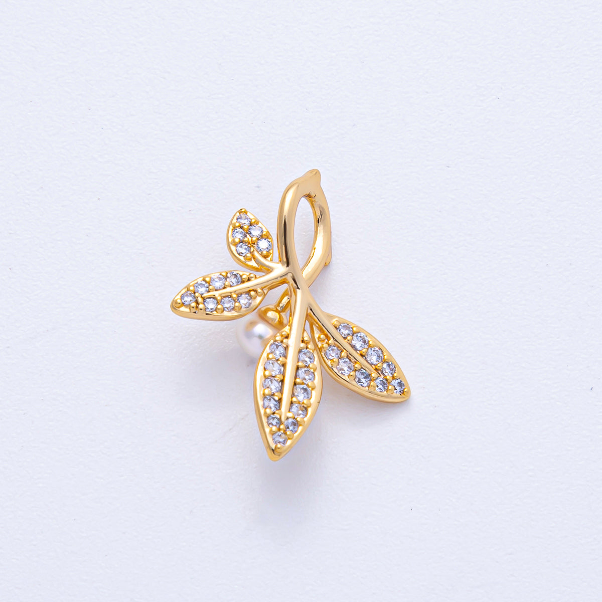 18K Gold Filled 22mm Shell Pearl Micro Paved CZ Leaf Plant | AF1198